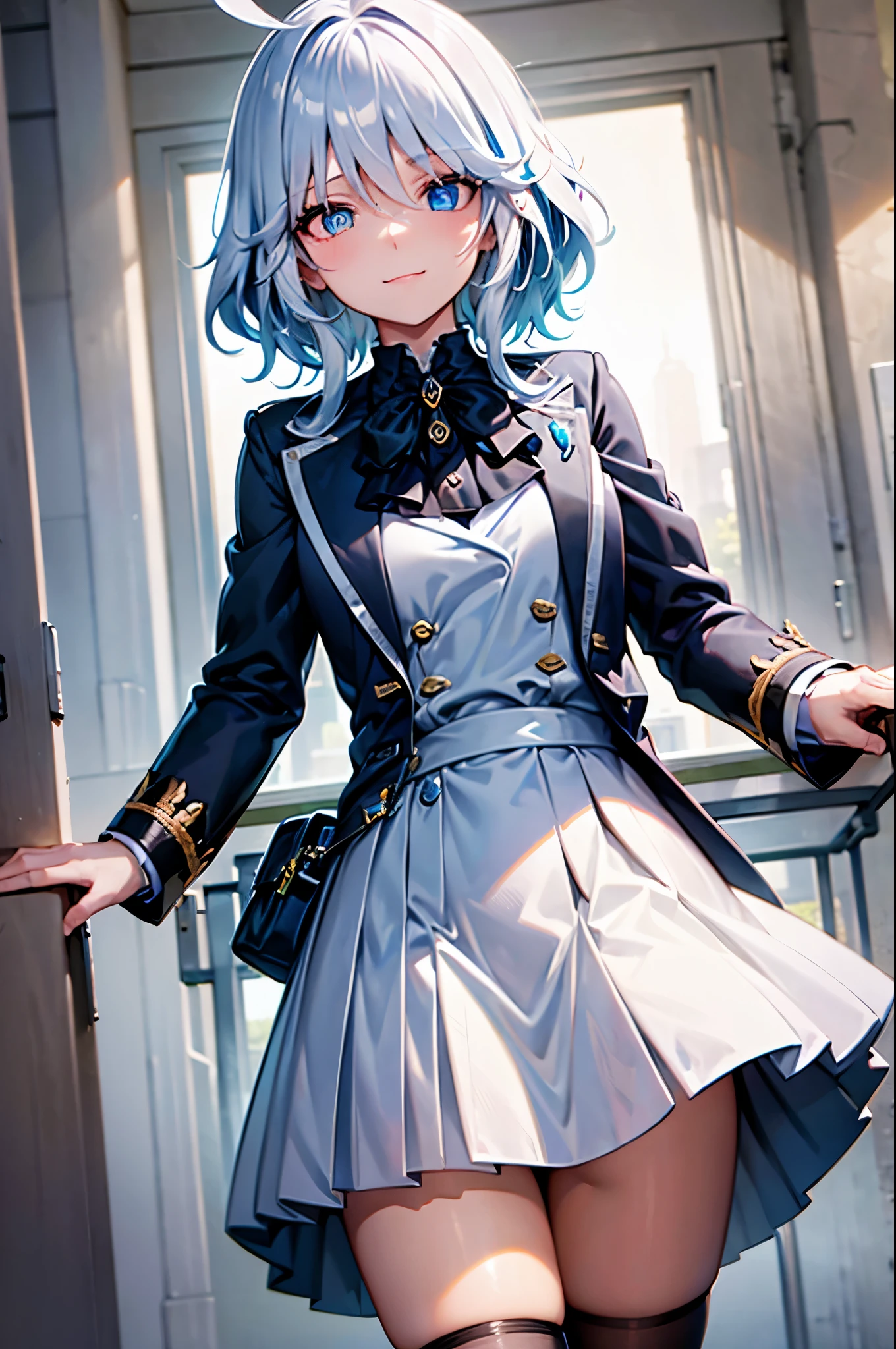 Furina,1girl,solo,long hair,ahoge,blue eyes,white hair,blue hair,bangs,(heterochromia:1.2), (school uniform, black thighhighs:1.2), light smile,arnime screen,hdr,absurdres, 1girl, , (masterpiece,best quality:1.2),absurdres