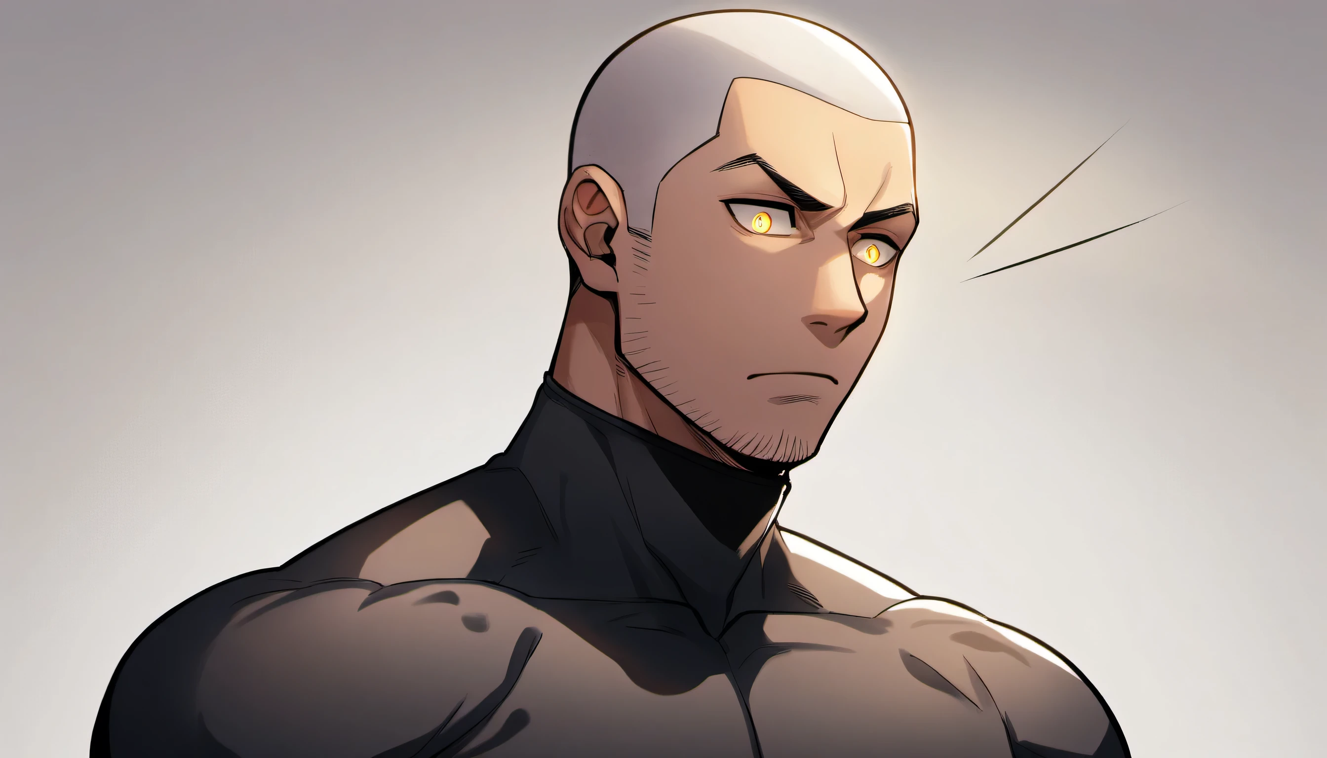 1 young muscular man,male focus,  White turtleneck compression pantyhose, white hair, buzz clip，muscular male, muscular, only, Upper body, alone, white short hair, stubble, yellow eyes, White background, simple background, amazing quality, best aesthetics, Ridiculous, bright pupils, sigh, short hair, best quality