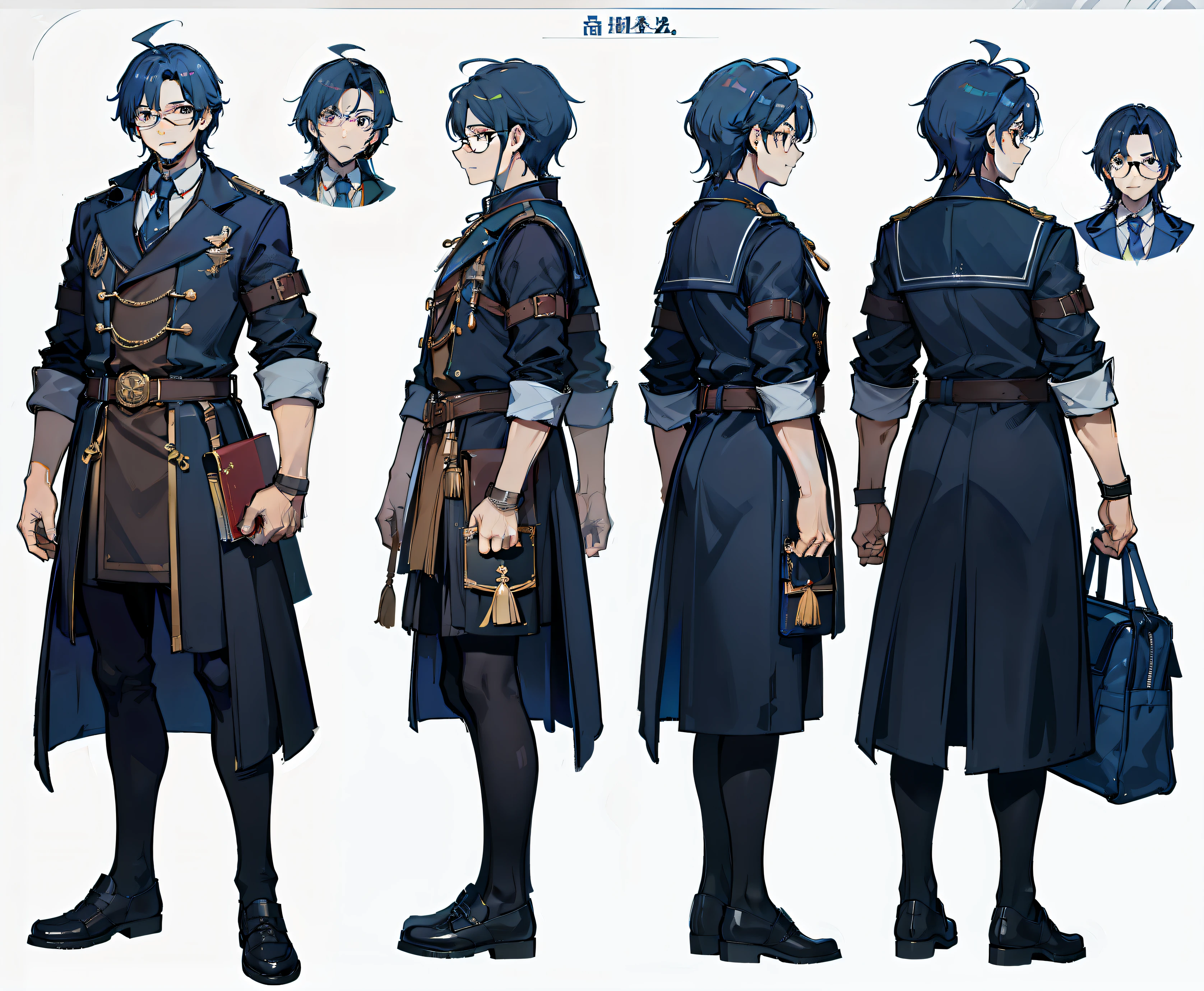 1 person, Reference sheet, (fantasy character design, front angle, back angle) Thaddeus. middle-aged scholar-looking man. wear glasses、Carry a school bag full of scrolls and notebooks. Well tailored, Practical attire suitable for alchemical pursuits. A masterpiece that exudes an atmosphere of intellectual curiosity and enthusiasm for research....:1.2), (highest quality:1.3).