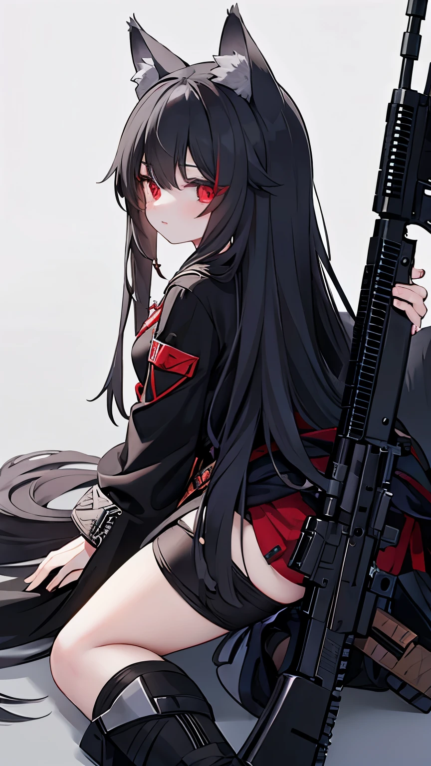 long black hair,Wolf-eared maiden,wolf tail,red eyes,Tactical bomb hanging,holding assault rifle