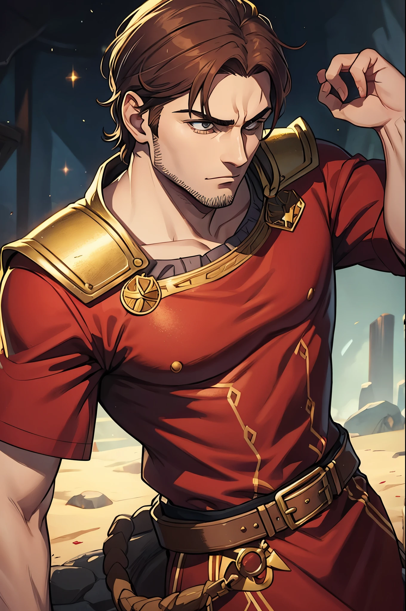 1man king, 39 years, gold crown, red cloack brown hair, red cloack, no beard, upperboddy