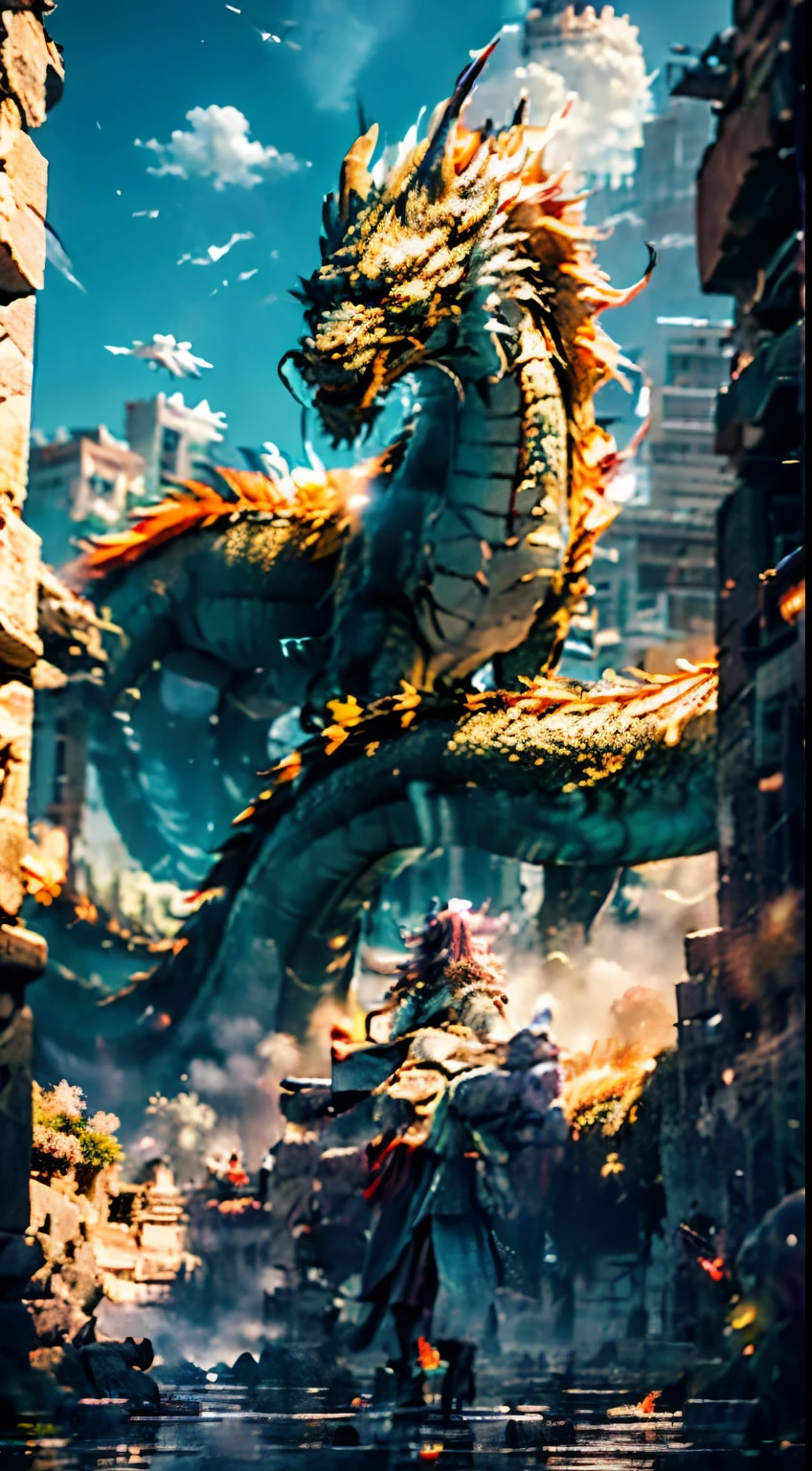 China's white dragon soared into the sky,(girl who controls a dragon:1.3),(Girl has her back to the camera:1.3),The sky is surrounded by cloudagic of light,amazing background,background of meaning,ridiculous background,has artistic multicolored hair, surrealism, cinematic lighting, ray tracing, god's light, speed line, Angle of view, hyper hd, masterpiece, 最high quality, Super detailed, High resolution, high quality,(Vision:1.3)