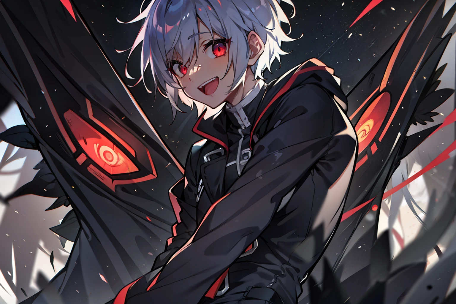 One Person,Anime boy with white hair and red eyes looks at camera, Glowing red eyes,slim, dressed in a black outfit,Shadow Body,monochromes,hair messy,Crazy smile,open mouth