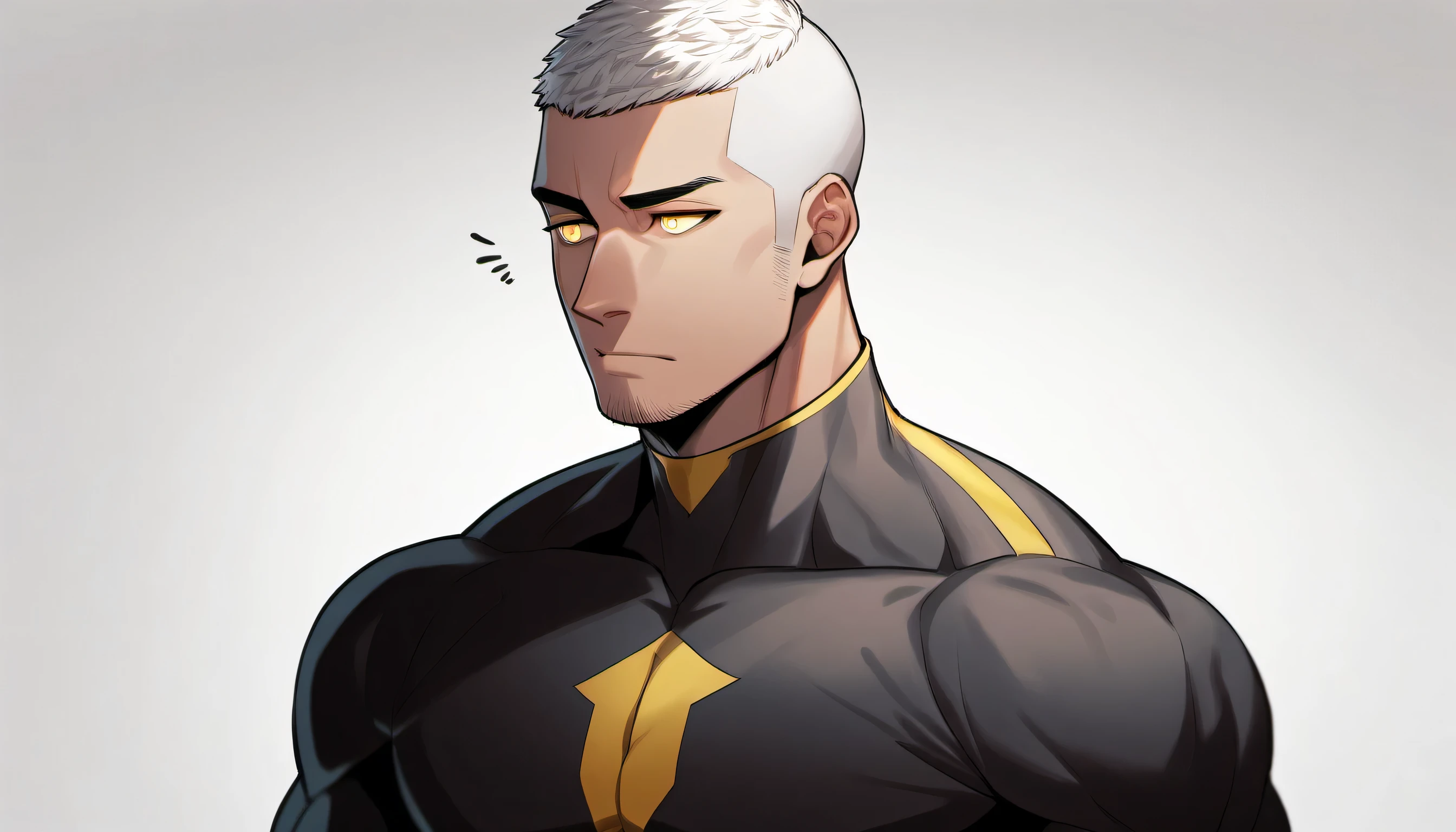 ung muscular man,male focus, Yellow and Black High Neck Compression Tights, white hair, buzz clip,muscular male, muscular, only, Upper body, alone, white short hair, stubble, yellow eyes, White background, simple background, amazing quality, best aesthetics, Ridiculous, bright pupils, sigh, short hair, best quality