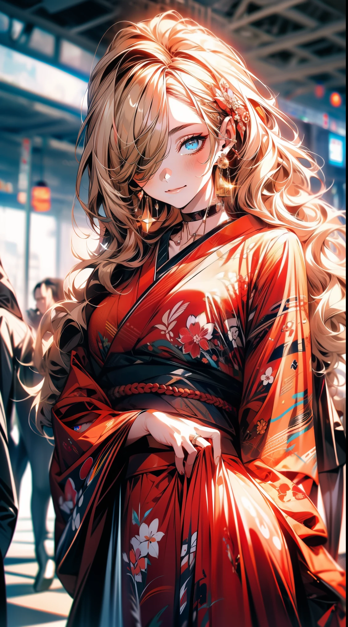 ((light brown long hair:1.9, wavy hair, hair above one eye:1.6, asymmetrical hair:1.8)), (shining blue eyes:1.4)beautiful, beautiful woman, perfect anatomy, perfect body, perfect breasts, ((kimono:1.8, choker:1.6)), ((Japan gardens in winter:1.6, torii)), captivating gaze, slight smile, realism, masterpiece, rough skin , Super detailed, high detail, high quality, 最high quality, 1080p, 16k 