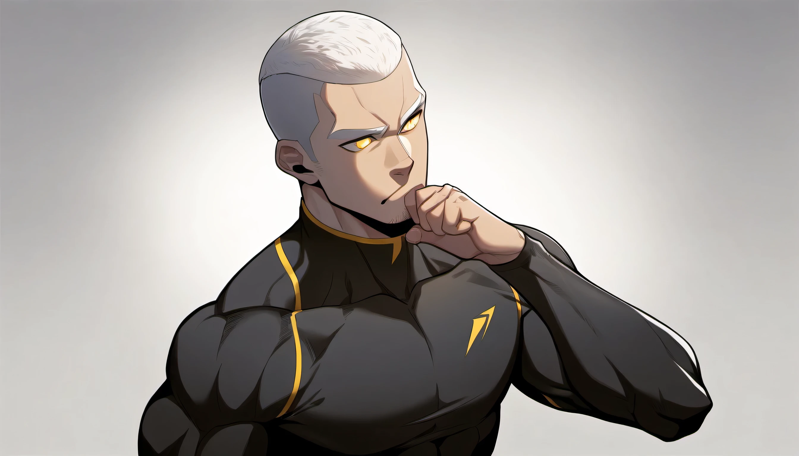 1 young muscular man,male focus,  Yellow and Black High Neck Compression Tights, white hair, buzz clip，muscular male, muscular, only, Upper body, alone, white short hair, stubble, yellow eyes, White background, simple background, amazing quality, best aesthetics, Ridiculous, bright pupils, sigh, short hair, best quality