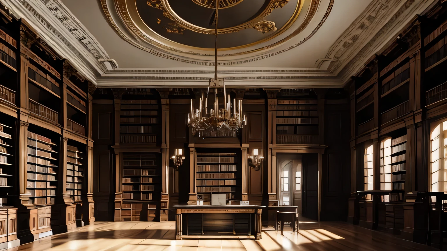 Oil painting of an empty library, French Revolution, cores frias