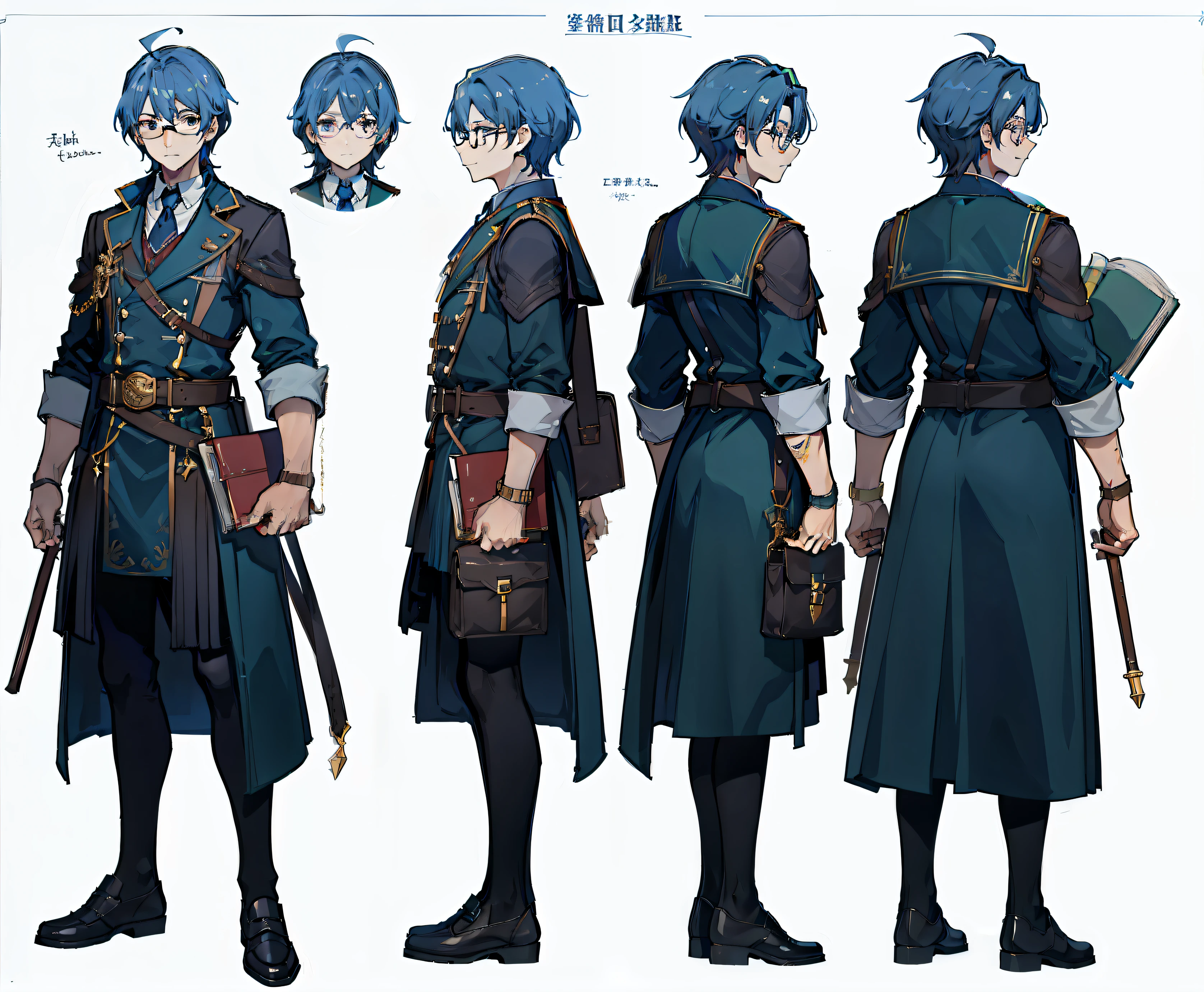 1 person, Reference sheet, (fantasy character design, front angle, back angle) Thaddeus. scholar-like man. beautiful young man, wear glasses、Carry a school bag full of scrolls and notebooks. Well tailored, Practical attire suitable for alchemical pursuits. A masterpiece that exudes an atmosphere of intellectual curiosity and enthusiasm for research....:1.2), (highest quality:1.3).