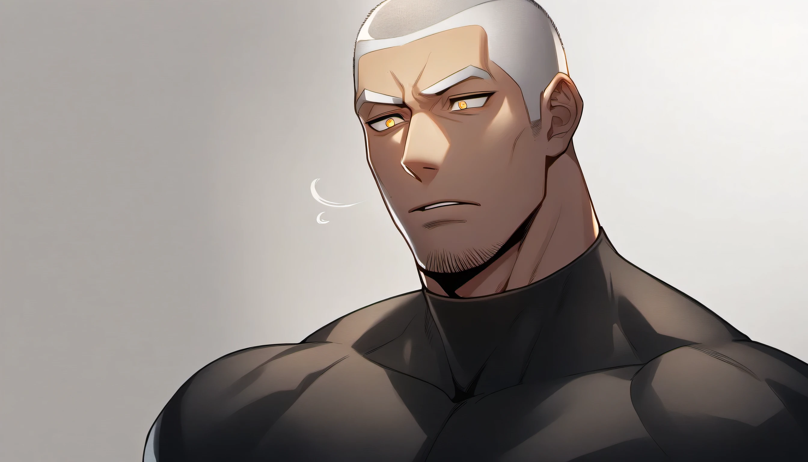 ung muscular man,male focus, Yellow and Black High Neck Compression Tights, white hair, buzz clip,muscular male, muscular, only, Upper body, alone, white short hair, stubble, yellow eyes, White background, simple background, amazing quality, best aesthetics, Ridiculous, bright pupils, sigh, short hair, best quality