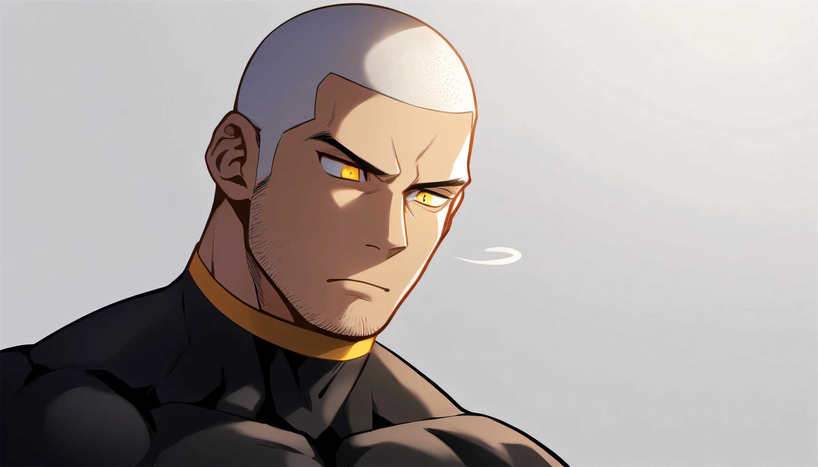 ung muscular man,male focus, Yellow and Black High Neck Compression Tights, white hair, buzz clip,muscular male, muscular, only, Upper body, alone, white short hair, stubble, yellow eyes, White background, simple background, amazing quality, best aesthetics, Ridiculous, bright pupils, sigh, short hair, best quality