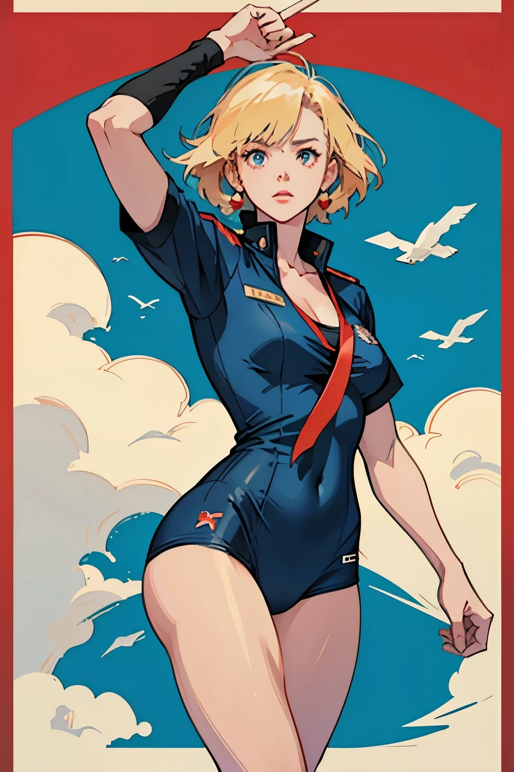 CCCP poster, soviet poster, Soviet flag in the background, 苏联poster, Soviet Union poster, October, ((中国党poster, 苏联poster)) (blond 18岁女孩 holding up her hand in the air) 宣传poster, poster, Soviet flag on poles, blue sky with fighter jet, , 1 girl, alone, Good shape, High cut split swimsuit,poster设计, poster art style. 1980s, 1950s, 1960s, basic colour scheme, Very colourful poster, colour art, rule of thirds, Encouraging, General, officer, Miss, 1 mature girl, hair blowing in the wind, hands in the air, sexual, pointing with finger, red square background, Thick legs.
