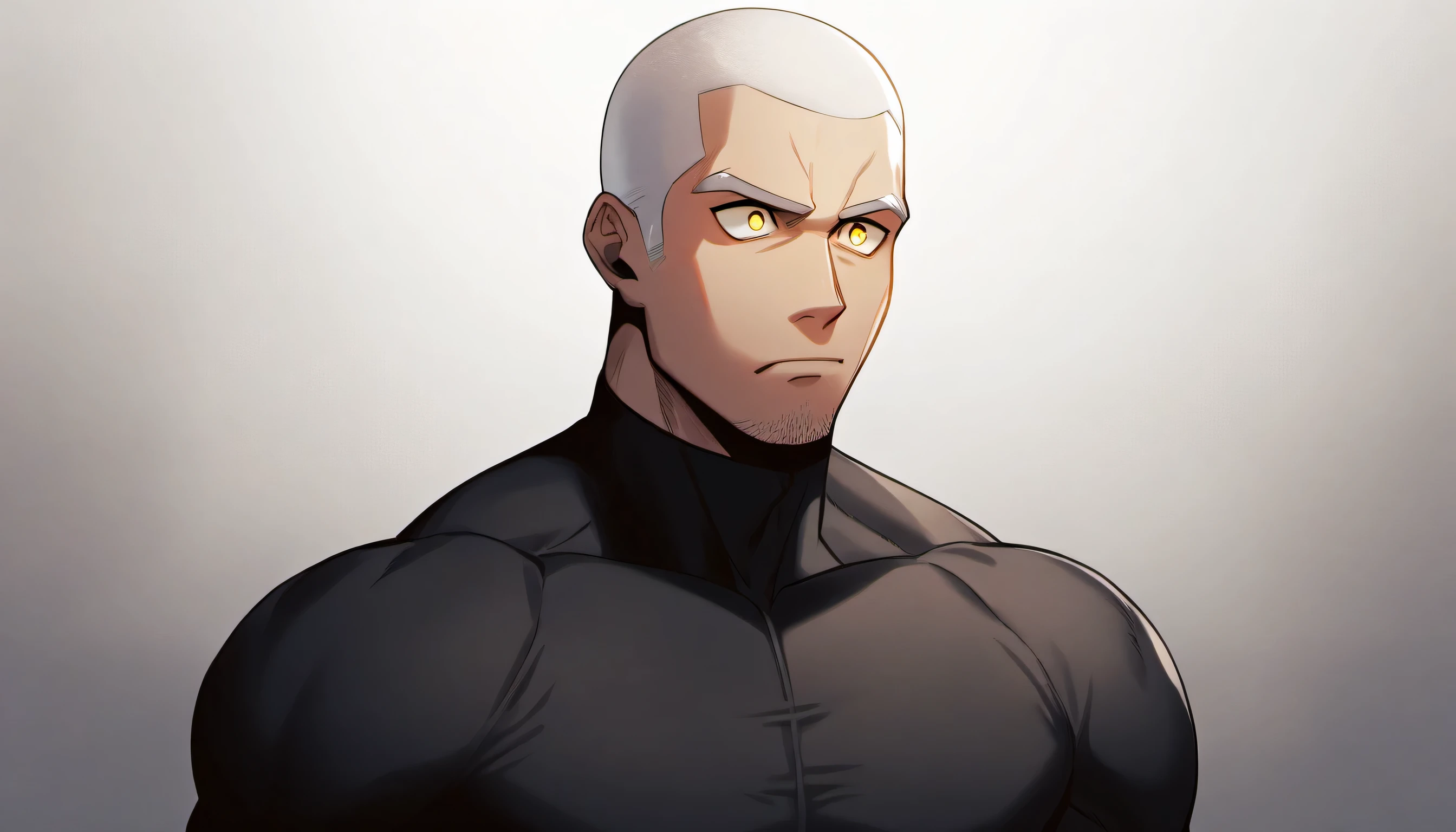 ung muscular man,male focus, Yellow and Black High Neck Compression Tights, white hair, buzz clip,muscular male, muscular, only, Upper body, alone, white short hair, stubble, yellow eyes, White background, simple background, amazing quality, best aesthetics, Ridiculous, bright pupils, sigh, short hair, best quality