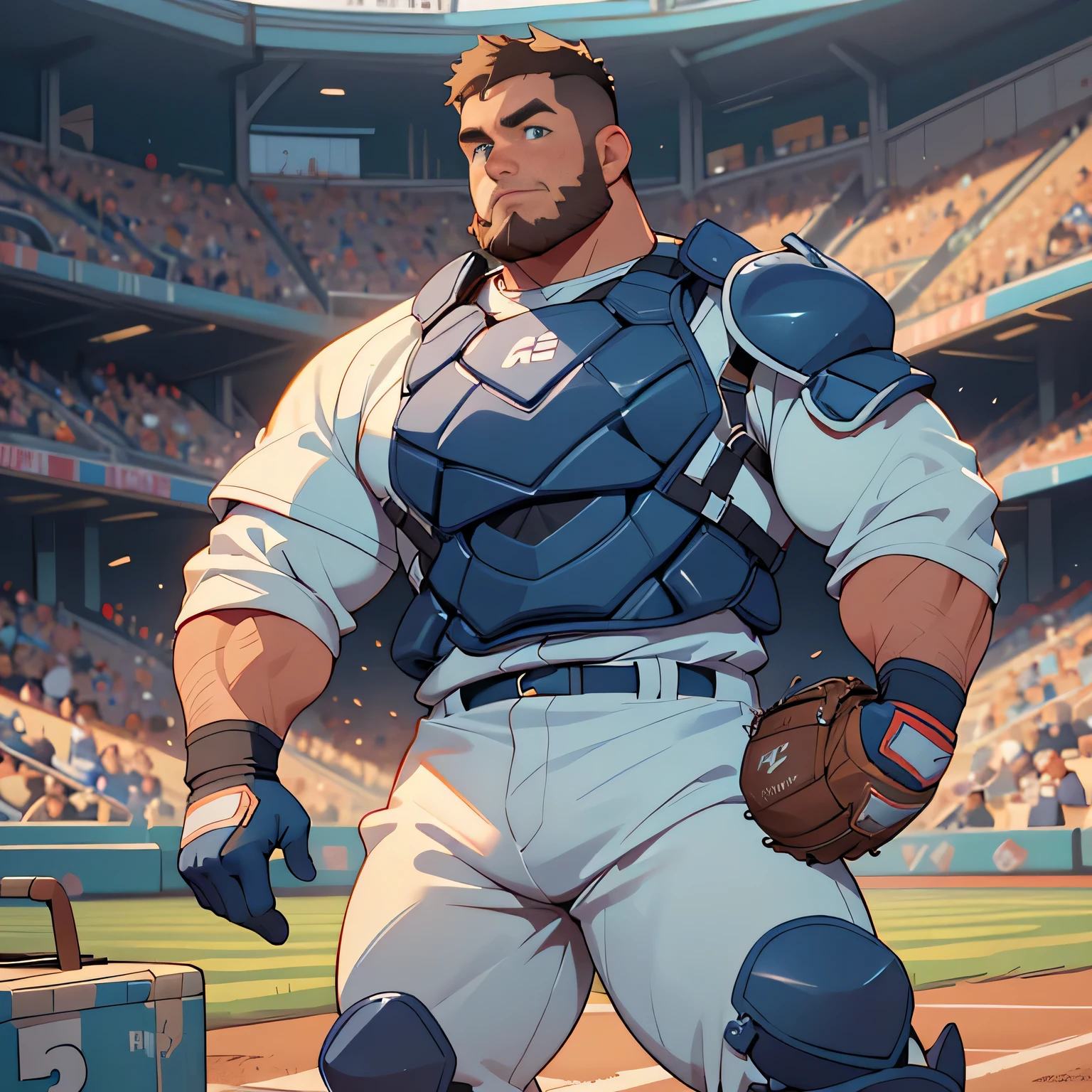 best quality, 4k, dynamic pose, (looking away:1.2), knee shot, 35 years old chubby uncle, crew cut hair, short beard, extremely handsome, deep blue eyes , Round face, thick body, (perfect body proportions : 1.2), baseball Catcher standing at the baseball stadium, catcher's gear, head gear, wearing catcher's glove one hand,