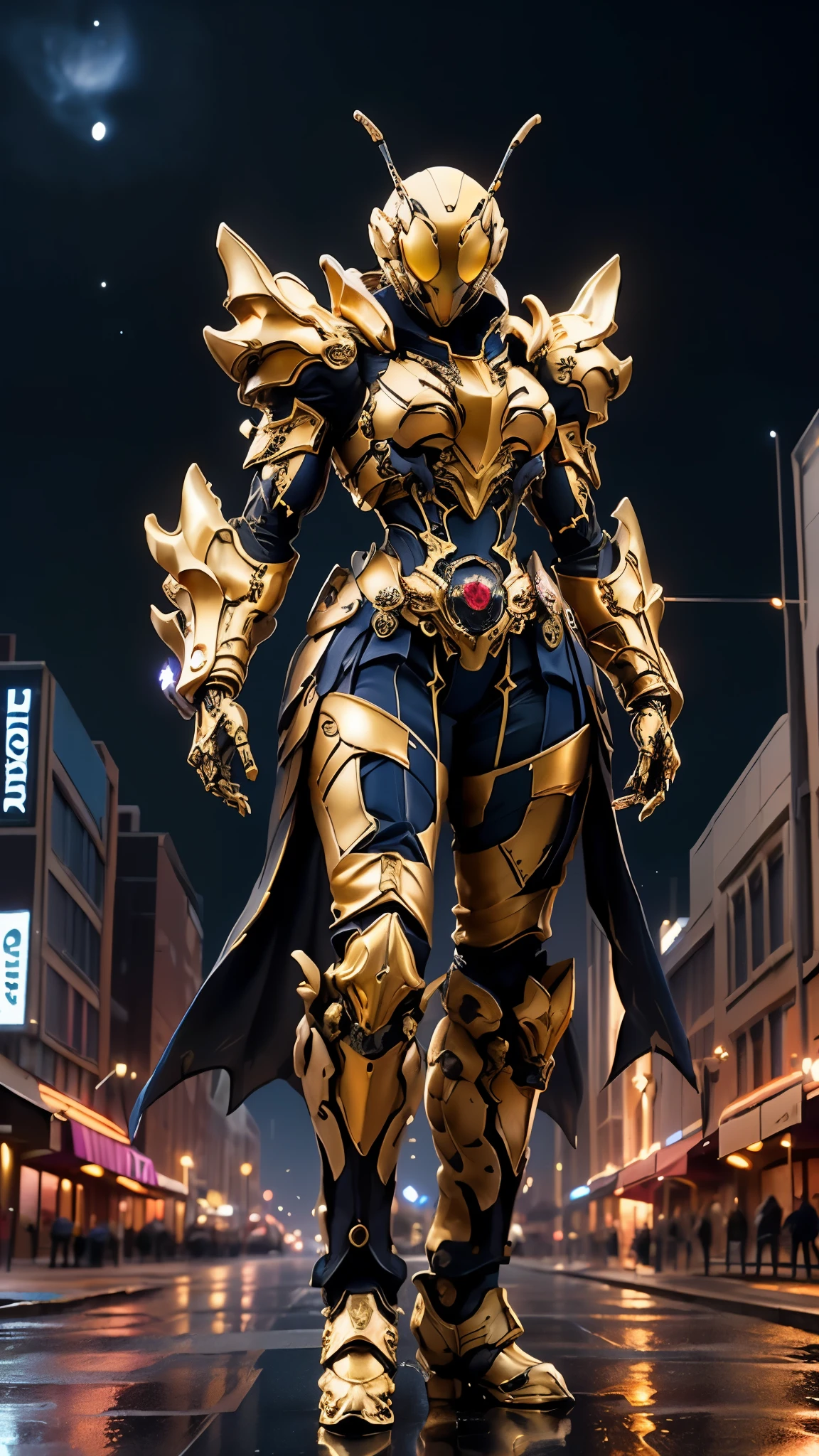 A woman adorned in fantasy-style full-body armor, a crown-concept fully enclosed helmet that unveils only her eyes, a composite layered chest plate, fully encompassing shoulder and hand guards, a lightweight waist armor, form-fitting shin guards, the overall design is heavy-duty yet flexible, ((the armor gleams with a golden glow, complemented by red and blue accents)), exhibiting a noble aura, she floats above a fantasy-surreal high-tech city, this character embodies a finely crafted fantasy-surreal style armored hero in anime style, exquisite and mature manga art style, (Queen bee mixed with Spider concept Armor, photorealistic:1.2, real texture material:1.2), ((night sky, city night view, elegant, goddess, femminine:1.5)), Unreal Engine 5, metallic, high definition, best quality, highres, ultra-detailed, ultra-fine painting, extremely delicate, professional, anatomically correct, symmetrical face, extremely detailed eyes and face, high quality eyes, creativity, RAW photo, UHD, 32k, Natural light, cinematic lighting, masterpiece-anatomy-perfect, masterpiece:1.5