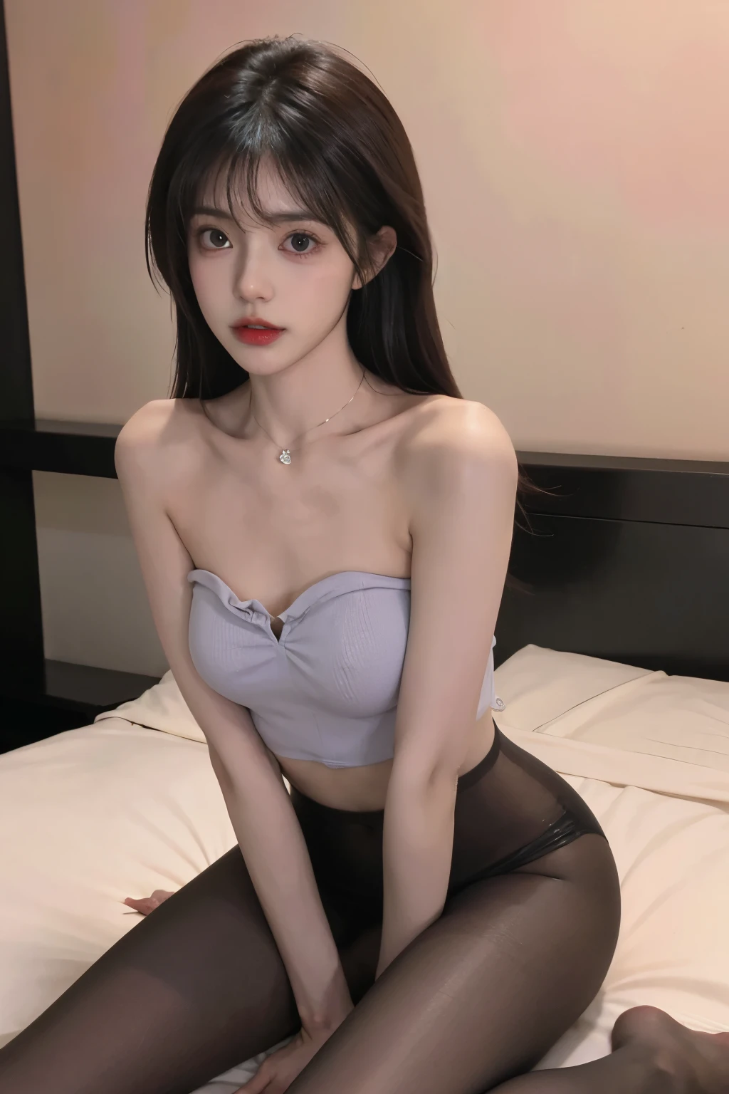 a beautiful girl,cleavage,Pantyhose,tube top,collar,Kneel and sit on the bed