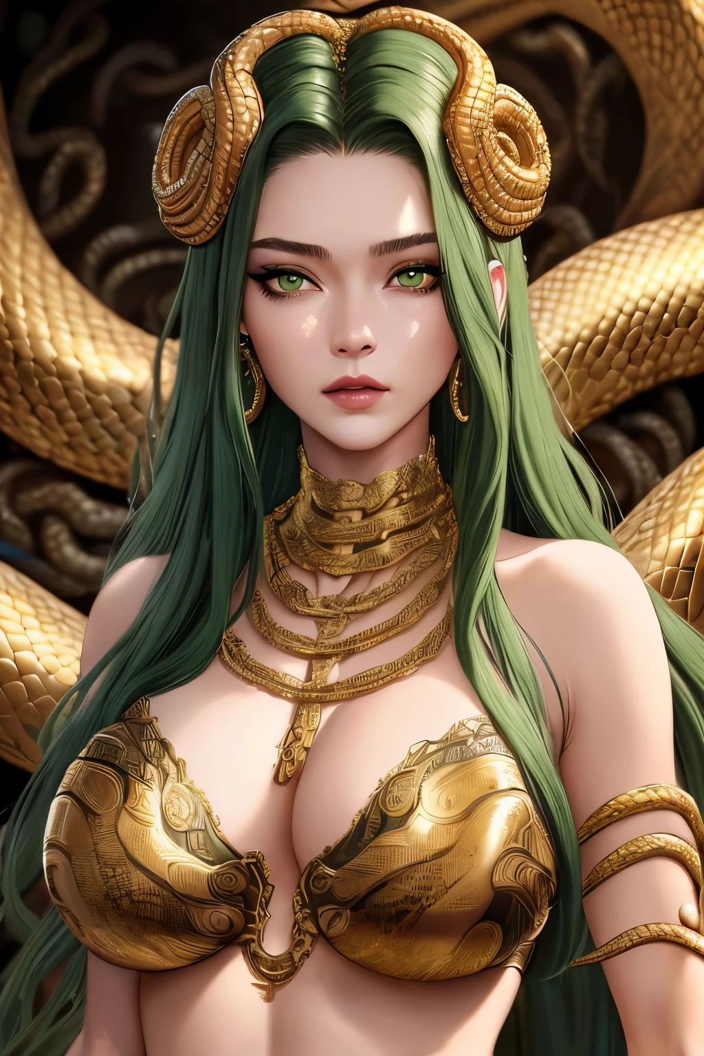 ((best quality)), ((masterpiece)), ((realistic)), Medusa, snake king, upper body, hair is composed of countless small snakes, golden metal carved underwear, intricate design, metal chain, green eyes, female face, trending on artstation, sharp focus, studio photo, intricate details, very detailed, detailed eyes, illustration, very detailed, sharp focus, digital render, professional, 4k