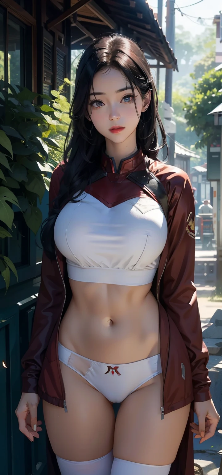 1 female,45 years old,married woman,Leg length, thin waist, 照片曝Light, alone,(background with:in the woods,rainforest,In the summer) She has long black hair,red lips,stand,View from the front, straight hair, There are many clouds in the sky),(Very detailed CG unified 8K wallpaper),best quality,Light,Detailed background,beautiful student,(Very delicate and beautiful),(Beautiful and detailed eye descriptions),super detailed,masterpiece,)),face camera,high resolution,super detailed),extra large breasts, protruding genitals,camel toe,High school student,captain america(wear:iron Man,)