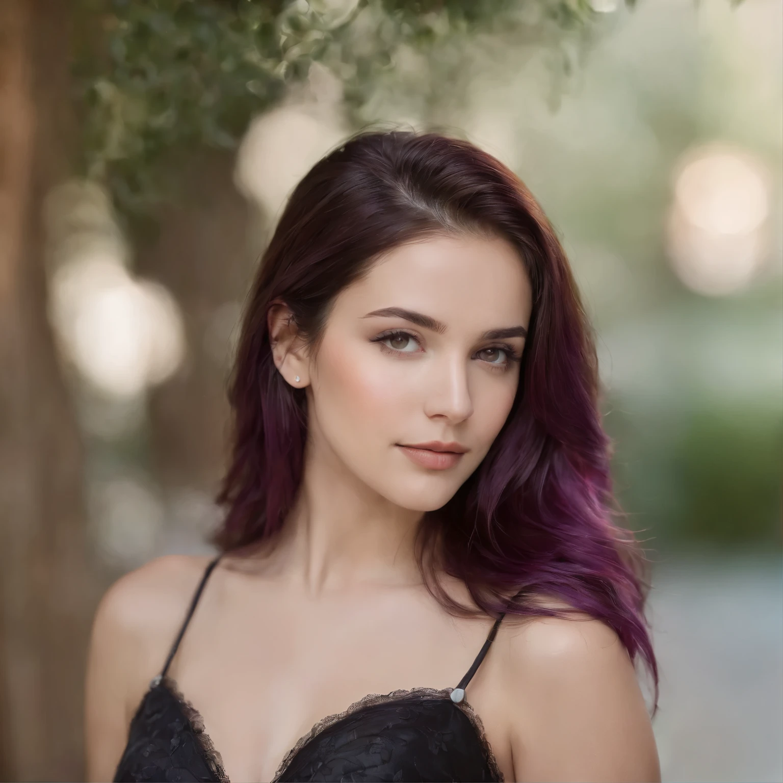 Foto realista, beautiful woman young 20 years old, Black lingerie, delgada blanca, long purple hair loose back, Eyes looking at the camera, maquillaje ligero, sonriendo, Clear lighting, colores vividos, textura realista, sensual