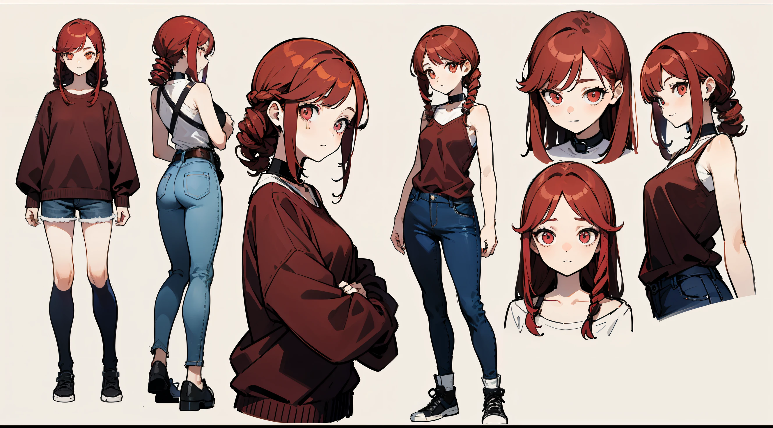 21 years old, redhead girl, armpit hair length  (((narrow eyes)))  (((A slightly awkward and embarrassed look)))  jeans and pullover,  ((corkscrew hairstyle)) detailed character sheet, Front view, Side view, 3/4 views,