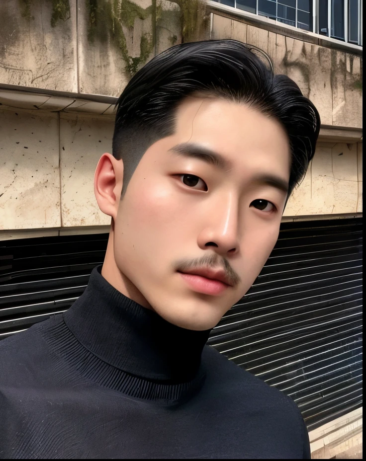 wired man in a black turtleneck sweater in front of a building, homem sul-coreano, who is siwoo, Wonbin Lee, rosto bonito, Jinyoung Shin, Homem bonito, Korean facial features, adorable and pale korean face, artista coreano, taejune kim, Sun Hyuk Kim, Homem bonito, Seseon Yoon, a Homem bonito,cabelo curto preto, bigode preto
