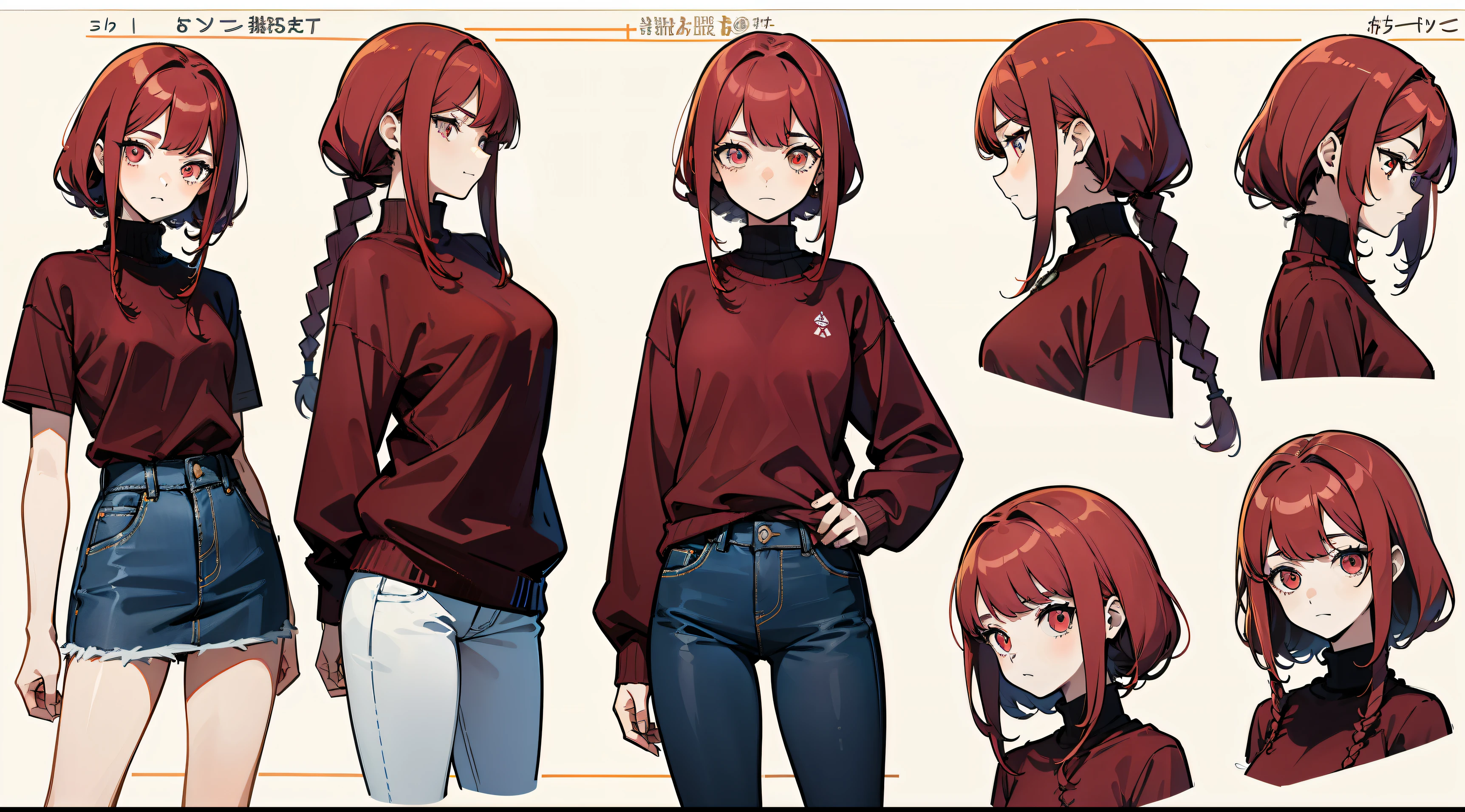 woman、full body shot、blank background、long skirt、Navy turtleneck sweater、looking here、Red hair、have bangs、black boots、Added a close-up illustration of the face to the side、Draw eyes most accurately,Only the face and hairstyle are Hosho Marine