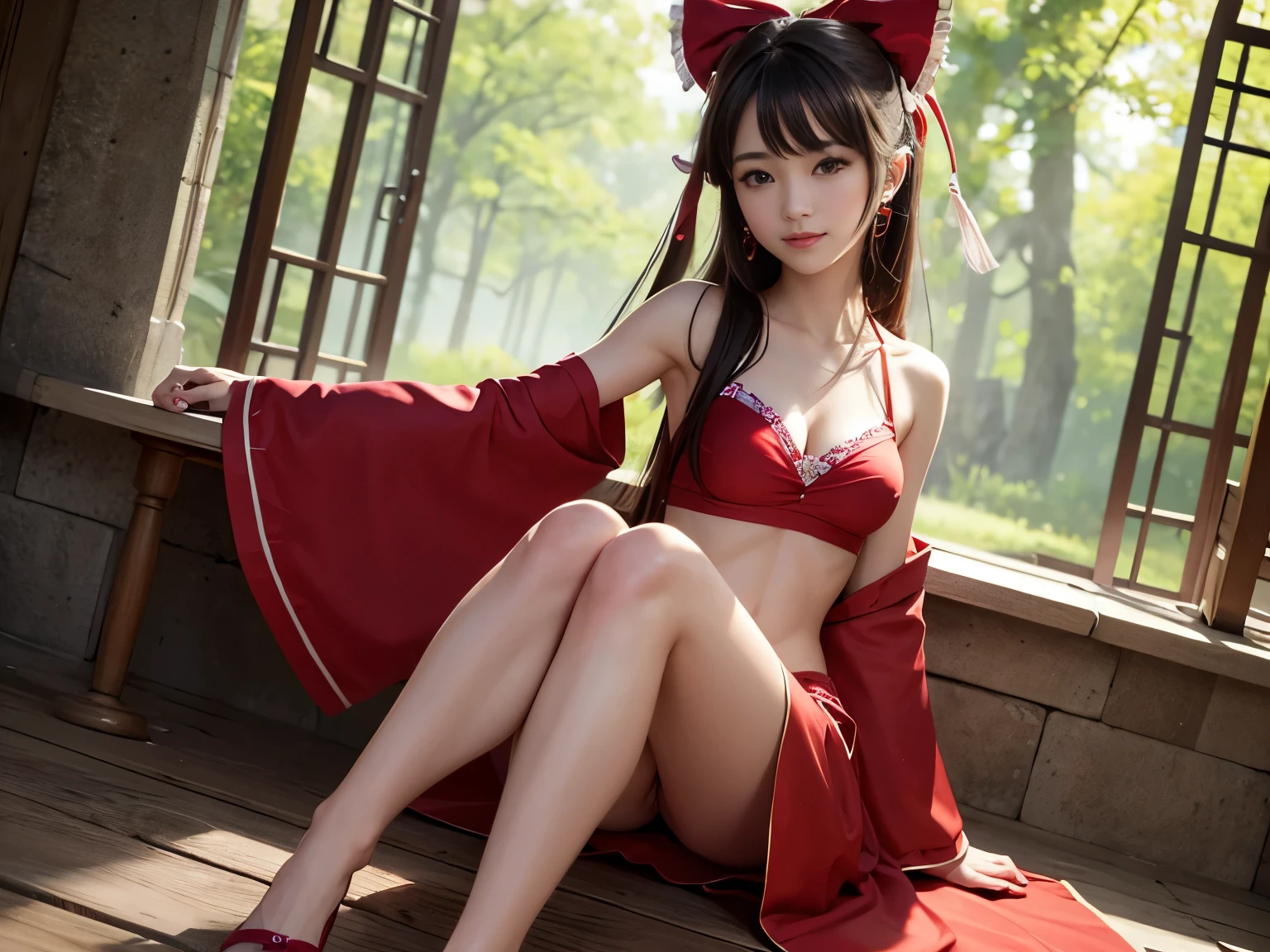 photorealistic、whole body、Highest image quality、4k、8k、very detailed depiction、muste piece, Top quality, SFW, great shading, high contrast, Super thin illustration, Shrinkage rate, perfect anatomy, correct anatomy, perfect proportions, perfect face, perfect hands, perfect legs, perfect fingers、solo、Reimu Hakurei、Beautiful girl with a well-shaped face、small breasts、、Slender body type、Front facing、sit on the ground、Open legs towards the front、shy smile、looking at the camera、Low angle shooting、The background is a shrine