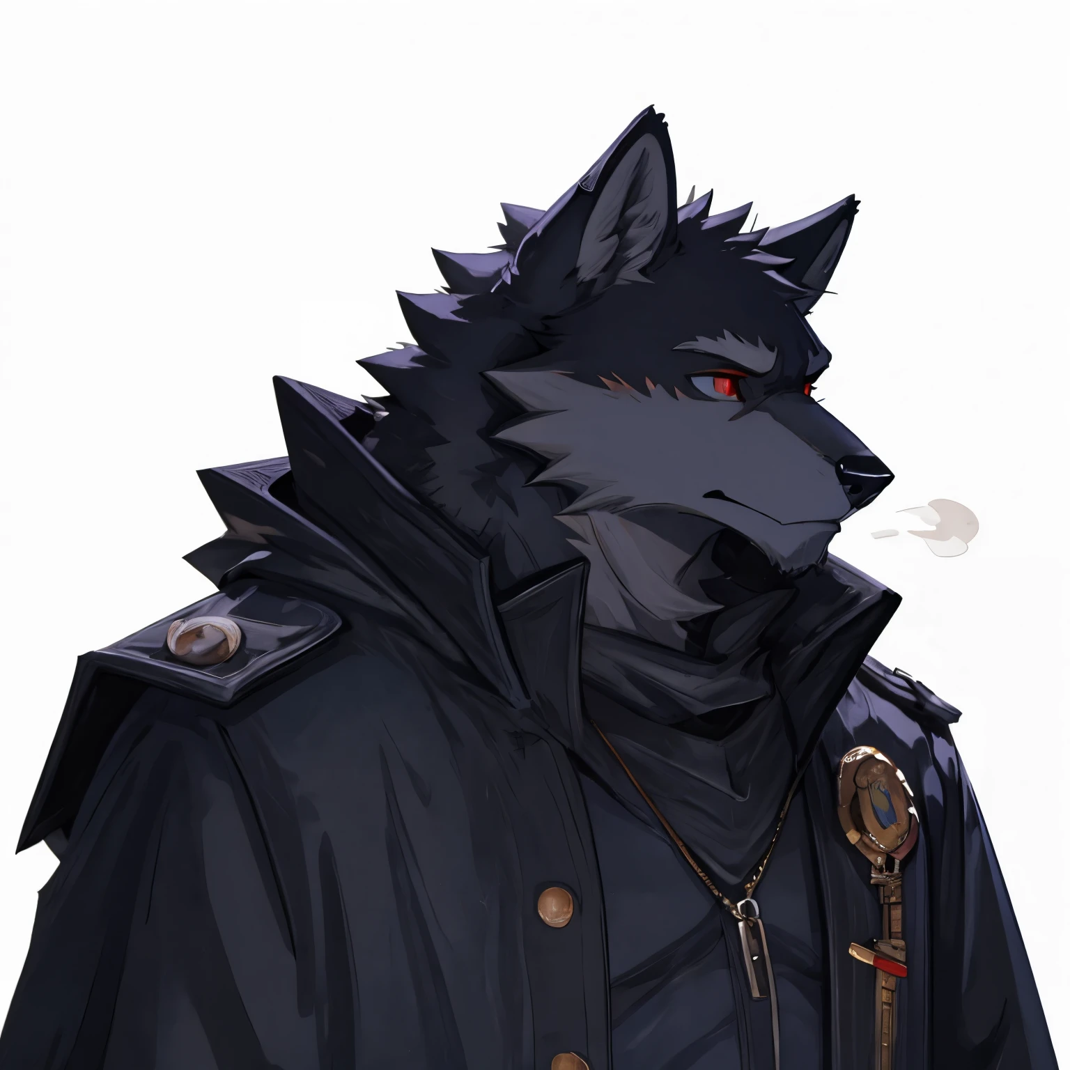 Gray wolf, red eyes , sad face , king