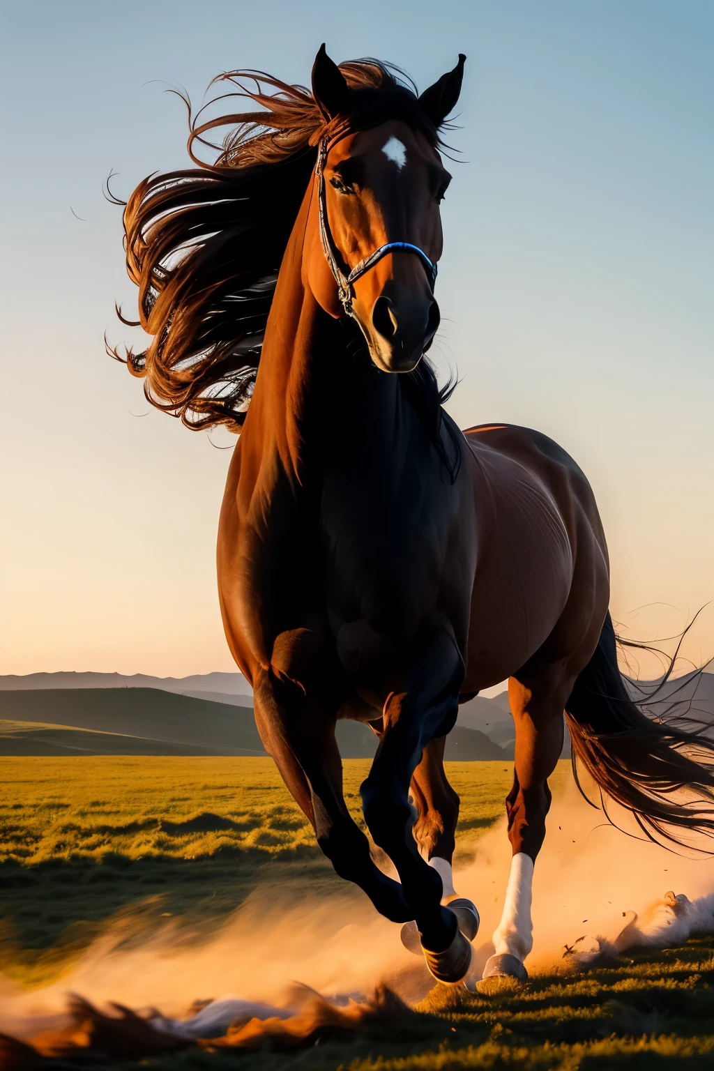 A majestic horse, unencumbered, gallops freely across an expansive open field. The wind fiercely whispers through its mane and tail, creating a mesmerizing dance of motion. Each powerful stride reveals the horse's muscular form, every fiber of its being in perfect harmony with the natural world. A breathtaking scene of raw power and freedom, captivating the essence of the untamed spirit.
(Animal:1, Horse:1, Galloping:1, Open field:1, Wild:1, Wind-swept:1, Mane:1, Tail:1, Powerful:1, Raw:1, Freedom:1, Expansive