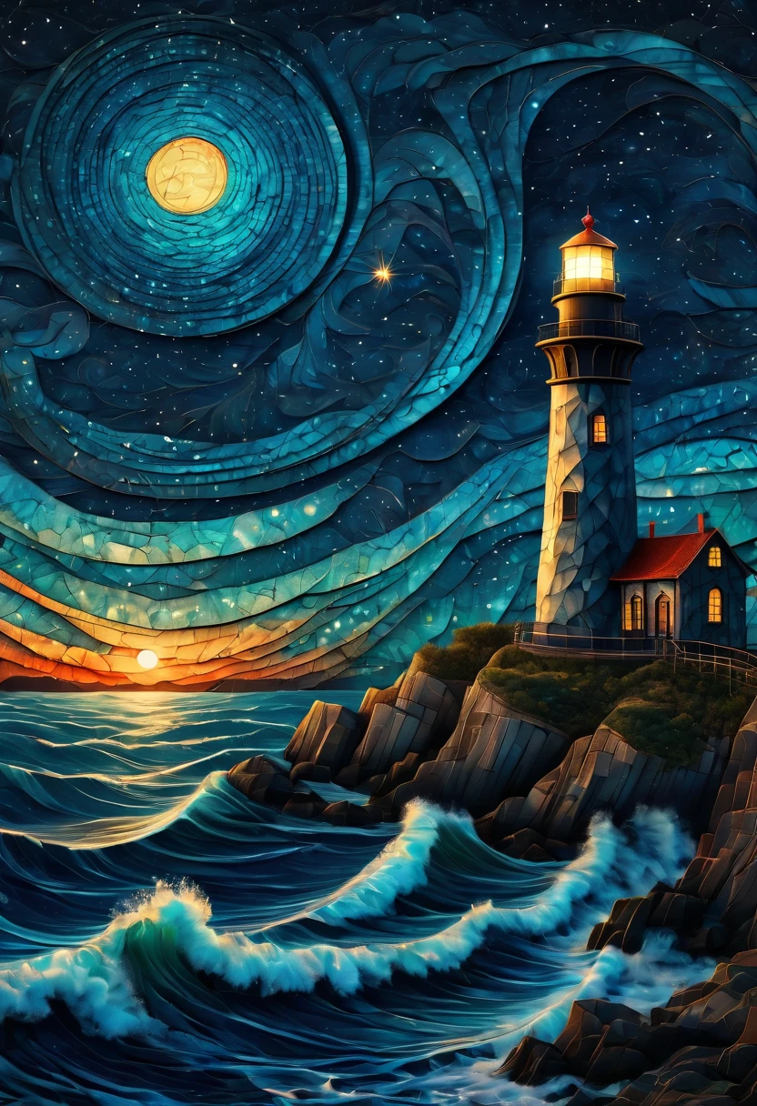 Magical starry cracked sky. zentangle art deco style Lighthouse, art deco style science fiction, magical art deco style future sea in background, vincent van gogh, about the curvature of space time, dark tones, (best quality,4k,8k,highres,masterpiece:1.2),ultra-detailed,(realistic,photorealistic,photo-realistic:1.37), aerial view, from above,