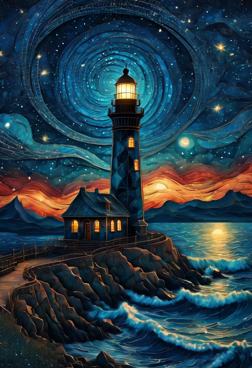 Magical starry cracked sky. zentangle art deco style Lighthouse, art deco style science fiction, magical art deco style future sea in background, vincent van gogh, about the curvature of space time, dark tones, (best quality,4k,8k,highres,masterpiece:1.2),ultra-detailed,(realistic,photorealistic,photo-realistic:1.37), aerial view, from above,