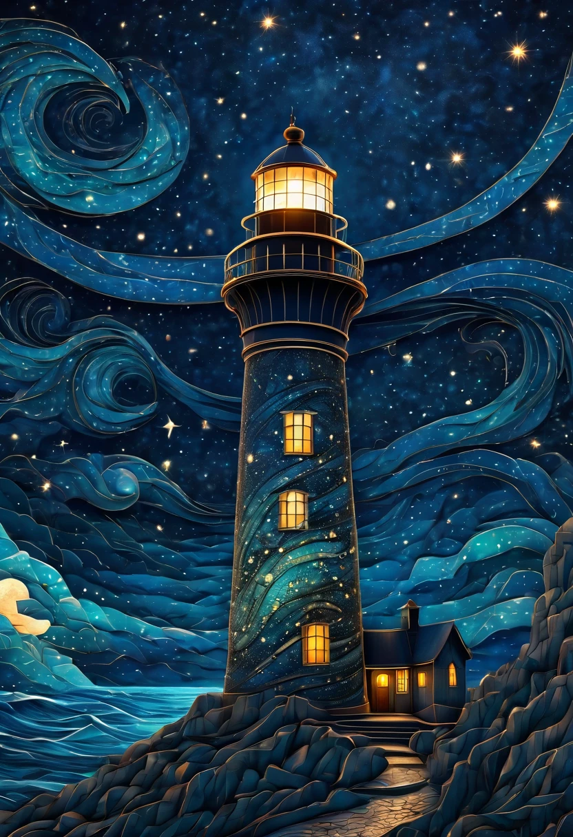 Magical starry cracked sky. zentangle art deco style Lighthouse, art deco style science fiction, magical art deco style future sea in background, vincent van gogh, about the curvature of space time, dark tones, (best quality,4k,8k,highres,masterpiece:1.2),ultra-detailed,(realistic,photorealistic,photo-realistic:1.37), aerial view, from above,