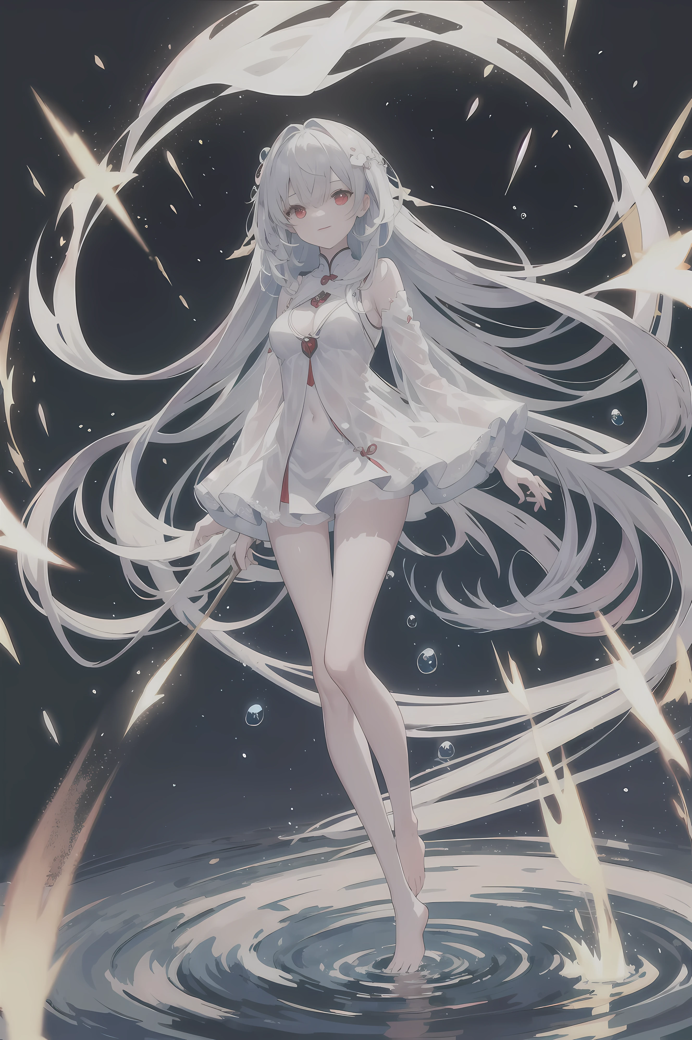 Dreamy beautiful moonlight in dark forest。View of a 15-year-old girl from above。(wet silver hair and red eyes)。smile slightly。She only wore a long transparent white cloth，It has beautiful lace trim on it。Soak the cloth in water。(splashing in the dark forest lake at night)。(Hair or clothes are wet)。splash。wet hair。dripping water drops。梦幻般的萤火虫在空中float、Light also reflects from water。near method and far method。glitter effects。Dynamic composition with depth。extremely high quality、high level of image quality、extremely refined。Rare workmanship，round,Room, firm breasts），barefoot，float，water surface，（long legs，long legs，long legs，Gestalt），full-body shot。standing posture