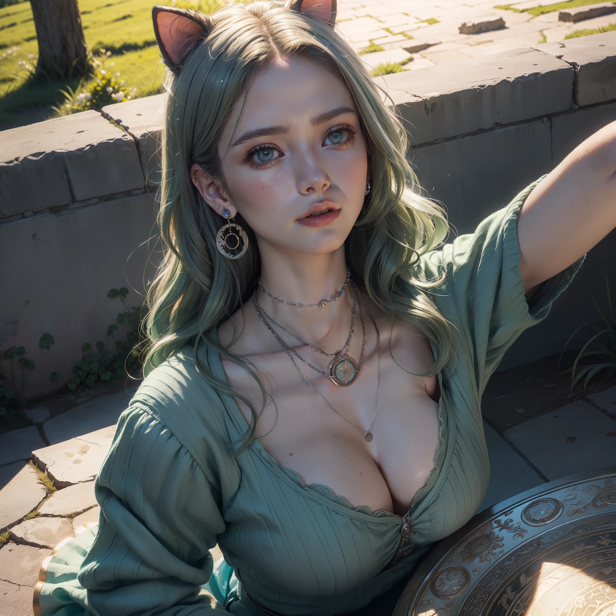 ((cat ears on head)), (award-winning masterpieces galore, incredibly detailed, textured and maximally detailed), (hyper realistic: 1.4), (realistic: 1.3), (top quality realistic textured skin), (dense perfect circle, symmetrically beautifully rendered(angelic light, circle of divine radiance, overhead: 1.8), ((medieval world)), (beautiful gentle eyes), (love the sky with beautiful colored eyes and wonderful cloud mass), (halo optical phenomenon: 1.3), (dramatic light), (wonderful scenery), (verybeautiful expression), , flower earrings in her ears, (((dramatic photo))), (twilight), (sunset), (dusk), ((sacred pose)), (silver hair), (green hair), (chestnut hair)), flower garden, (elaborate necklace around her neck), old ruins infested with plants, great temple, greatcathedral, ruins of a temple, remote temple, (glowing magic circle), ruins of an ancient castle, desolate ruins, crumbling ruins, ancient ruins with clear water, holy light, epic realistic, ((neutral color)), (HDR:1.5), (subdued color:1.2), highly detailed, cinematic, warmLight, Dramatic light, (Complex details:1.1), Complex background, Petals, Pastel colors