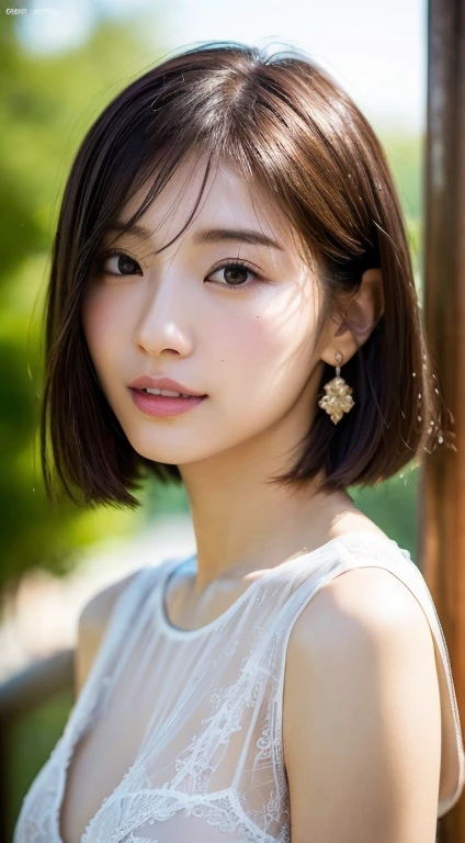 (8k, RAW photo, highest quality, masterpiece:1.2), Super detailed, super resolution, (realistic, realistic Photo:1.37), portrait, High-definition RAW color photo, professional photos, 非常に詳細で美New, very detailed, 8k wallpaper, amazingly detailed, huge file size, official art, highly detailed CG unity 8k wallpaper, very detailed美New女の子, very detailed顔, very detailed目, very detailed肌, very detailed指, very detailed鼻, very detailed詳細な口 , perfect anatomy, very detailed背景, very detailed服, １girl girl, (20:1.2), ２２age, cute girl, realistic body, Fair skin, glowing skin , Because I&#39;m slender, handsome body, chestnut shiny hair , medium short hair, (dull bangs:1.2), Overflowing smiles, 美New歯並び, cute, like々New, cute face, realistic face, delicate eyes, Eyes that are sucked in, Plump and shiny lips, lingerie, Ｔback, See-through, Good shape small breasts,that make you want to touch,胸の谷間が眩New,mole on chest, earrings, show me your ears, looking at the viewer, cowboy shot, Camera angle from above, Stare at me with your eyes up, standing posture, Opposition, dynamic lighting, very big breasts, cowboy shot