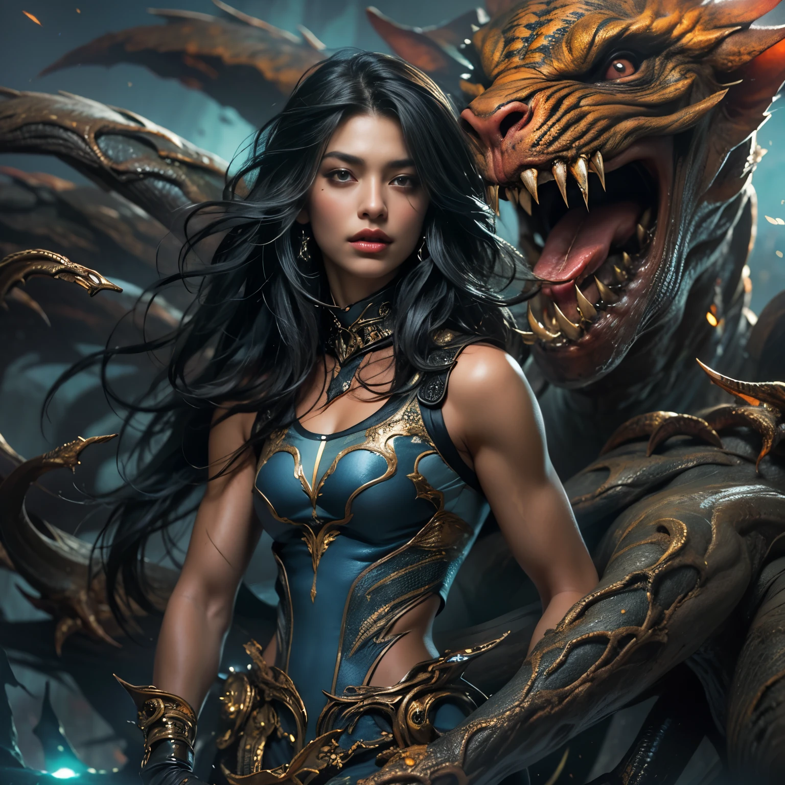 A female alien predator, of exquisite beauty beyond comparison, her intense gaze fixed on her prey with a hunter's focus, her long dark claws poised to strike. Her lean, muscular body was a sight to behold, every inch of her hyper-detailed figure exuding energy and raw power. Her shining sky blue orange eyes, the most beautiful in the universe, framed by thick eyebrows, shimmered with an otherworldly allure. Her jet black hair, symmetrically arranged, glistened under the rich colorful lights that illuminated her surroundings. Her eyes, highly detailed and full of life, held a seductive, alluring gaze that was both entrancing and intimid