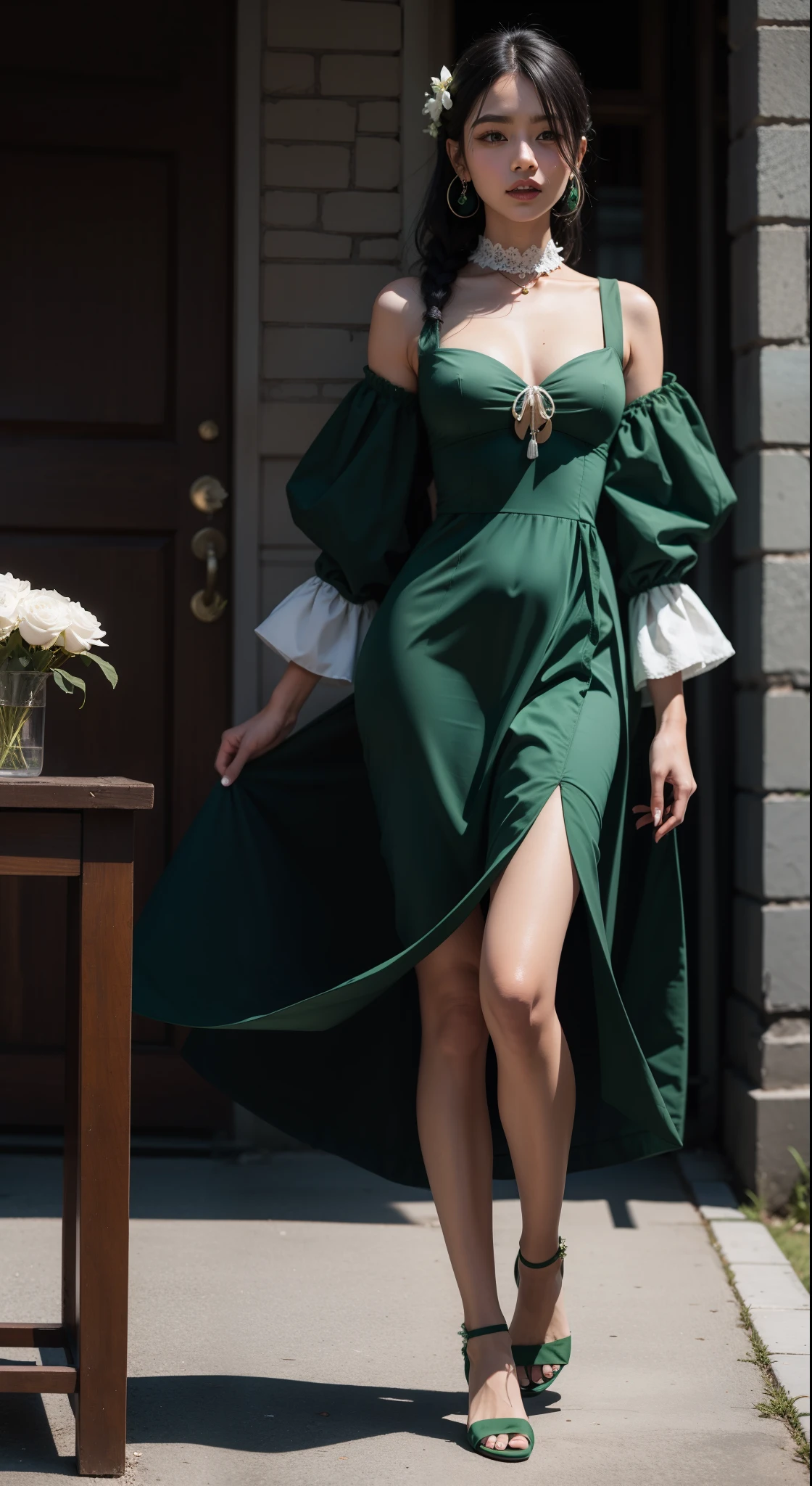 thick black hair decorated with white flowers, she is dressed in ((green)), ((long, lush)) a dress made of simple fabric with a very low neckline