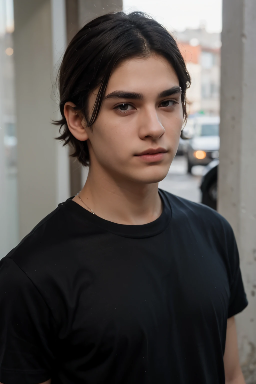 Create a 19-year-old male character with the following description: He had jet black hair, lacio y despeinado, that partially covered his ears and forehead. His skin was pale and smooth. His dark eyes seemed to have no end. His thick eyebrows formed a line that ran down his straight nose to a pair of full lips.. He was wearing a black t-shirt that matched his eyes and hair..