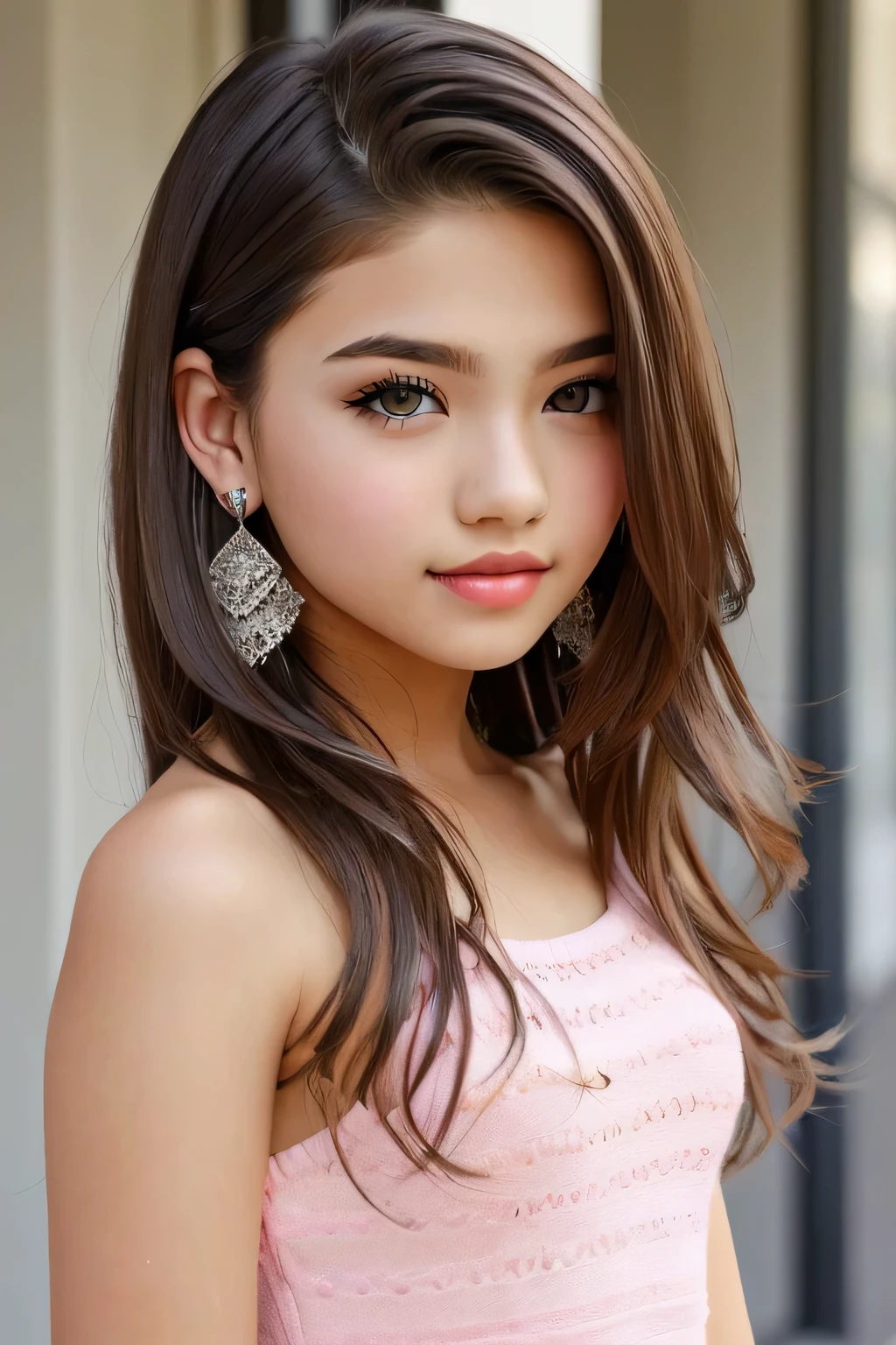 beautiful girl, brown_eyes, ((beautiful slim age girl 18 year old, hair color [Brown highlights hair], [undercut pixie] hair)), earrings, lips, realistic, narrow waist, charming, pink lipstick, colorful makeup, long eyelashes, earrings, wearing eyeliner, fair skin, (cute), (detailed face), detailed eyes, detailed iris
