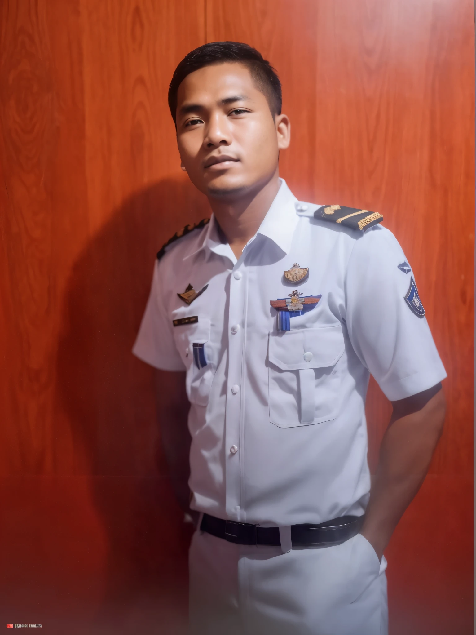 Photo detail, focus, sharp, a male, wearing Indonesian maritime academy uniform, photo restoration, clear the photo. 