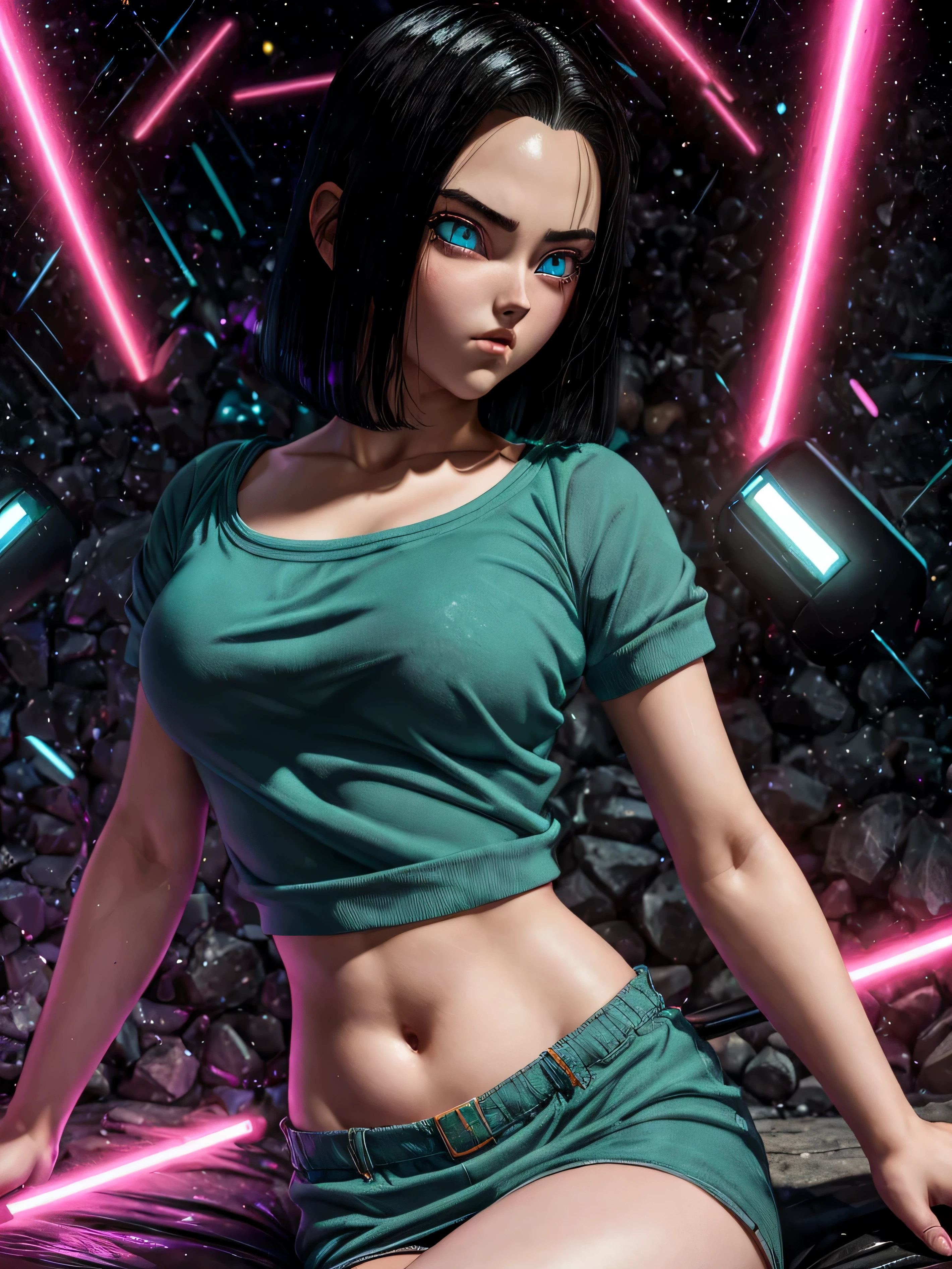 An exquisite masterpiece of top quality and high resolution featuring Marnie. Big sleepy eyes, Aqua eyes、Glowing under the dim light. black short hair, only head and shoulders, magazine style, pink top, russian girl, hyperrealistic. Android 17
