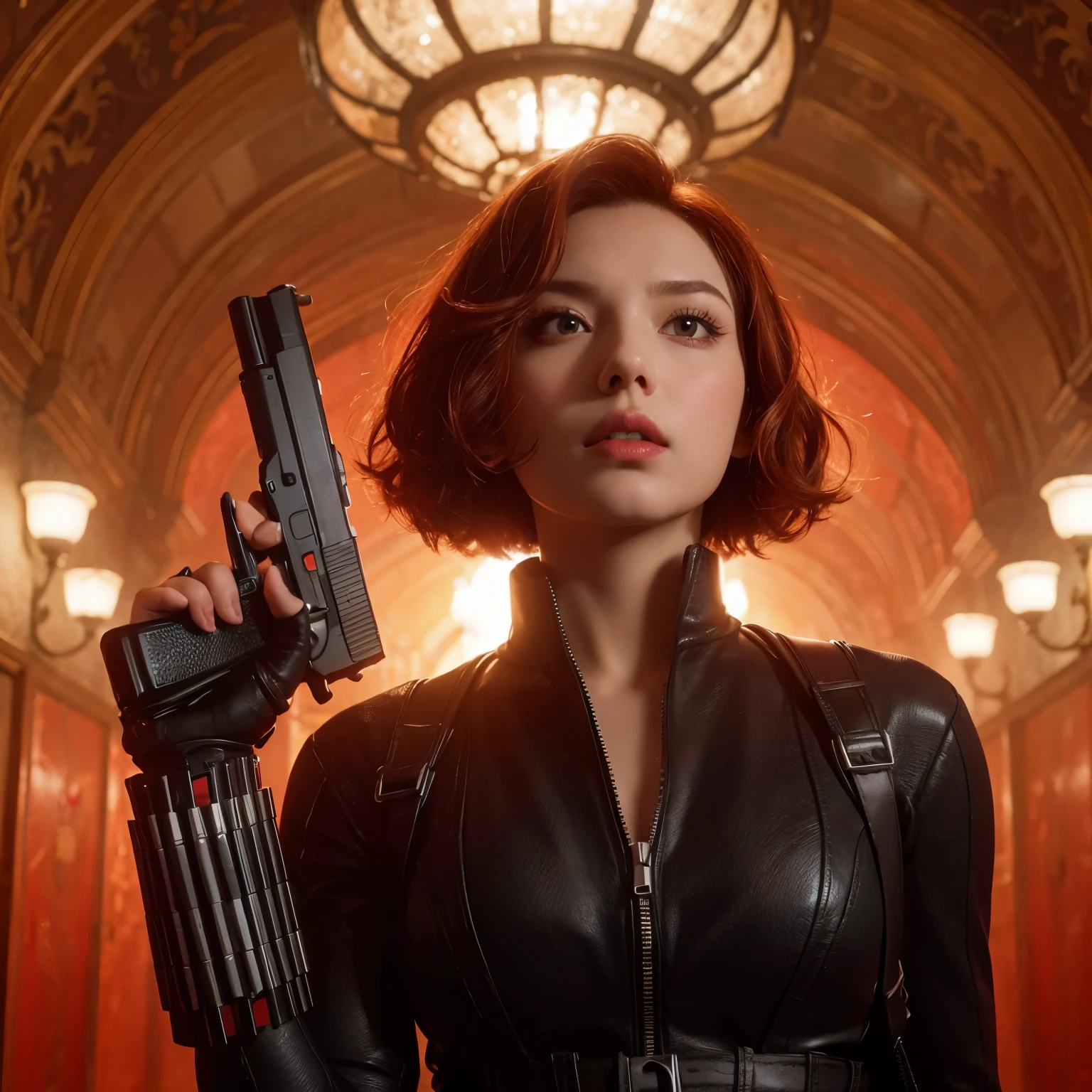 ((very sharp photo result & detailed face)) (((textile shading))), (((Best Quality))), (((masterpiece))), (((hyper realistic photo)) movie scenery, backlight shade of black widow ((close up)) beautiful with short red hair, detail body & detail facial, action pose styling, wearing classic costume black leather with gauntlet bracelet guns, many guns are pointing to her, inside the halfway old russian mansion, dramatic red light from lamp above, hasselblad camera. HDR10 8K