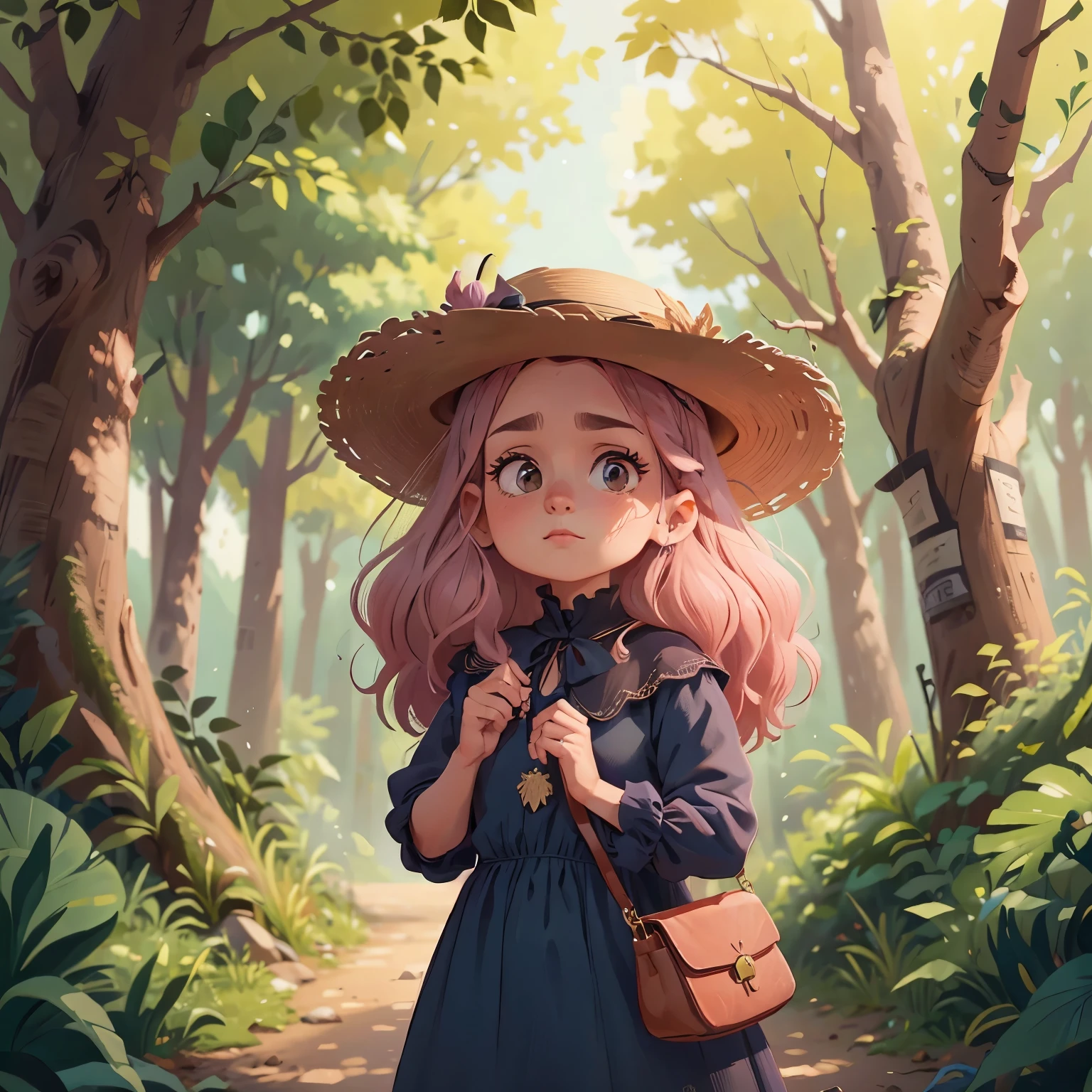 , cabelo escuro, cabelo longo, vestido rosa , rosto arredondado e olhos castanhos, with hat and bag, jardim florido, Trees