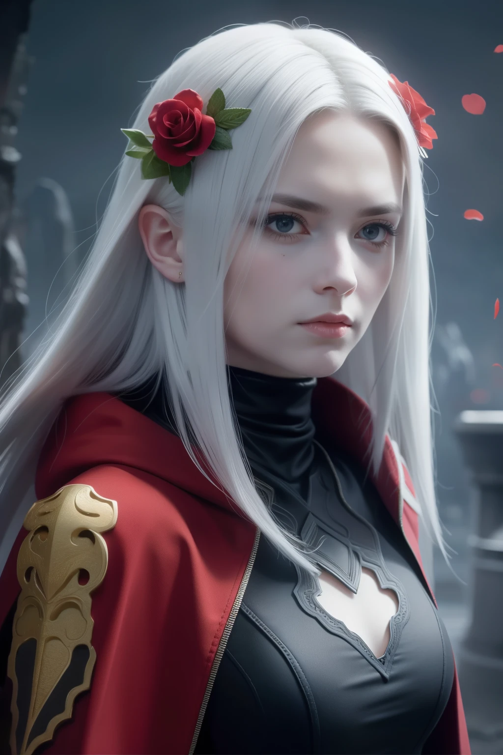 1girl,solo,1girl,solo,((beautiful detailed eyes)), (detailed light),depth of field,(white hair),silver eyes,hair over one eye,(red flower ), hair flower,long hair,black cloak,wet,emotionless,looking back,night,starfall,raining,fog,red flowers falling,sketch,upper body,intense shadows, hand holding cheek, full body,