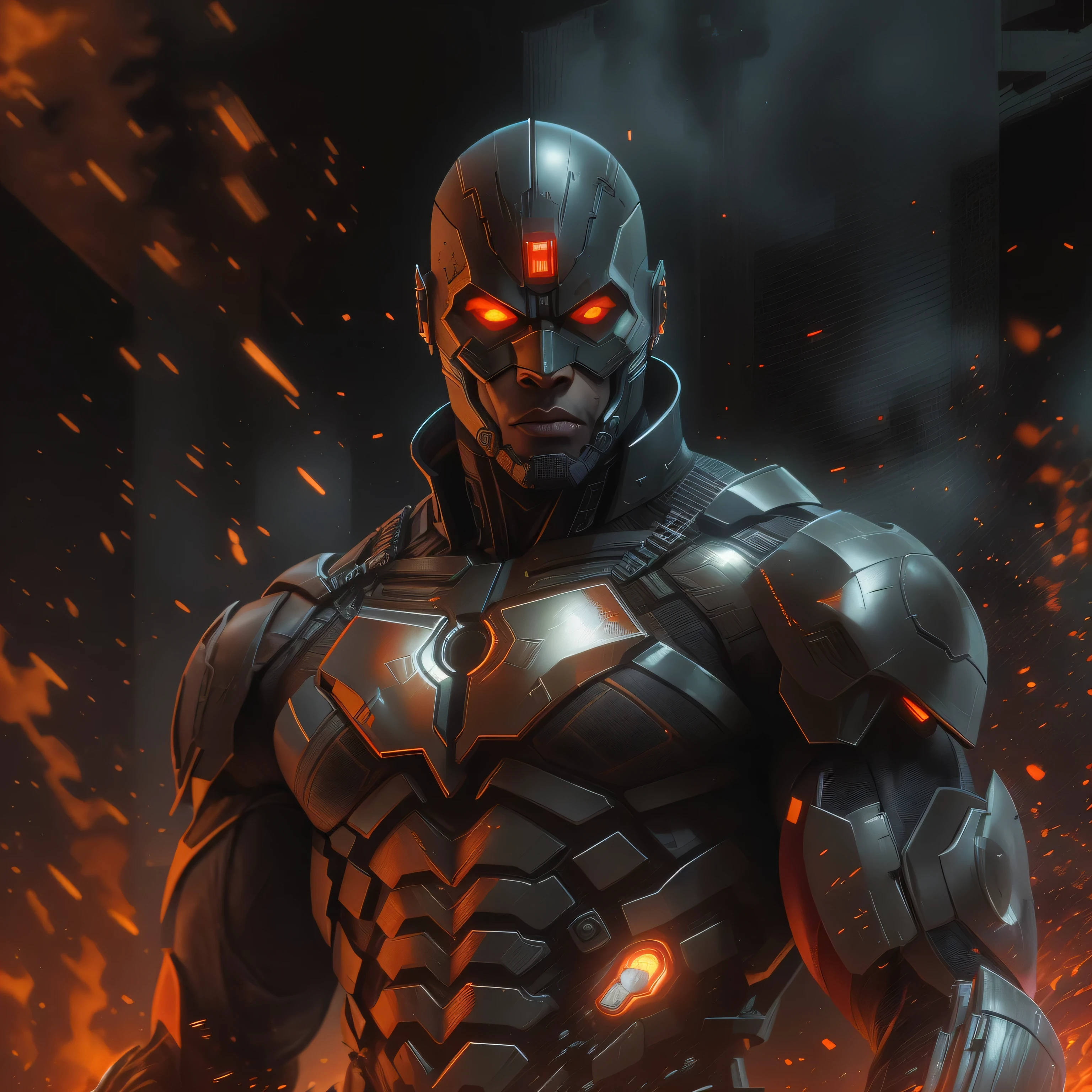 gloomy portrait of Zombie Ultron from Marvel, extremely detailed, futuristic cityscape, nighttime, glowing neon lights, smoke, sparks, metal shavings, flying debris, blue energy effects, volumetric light