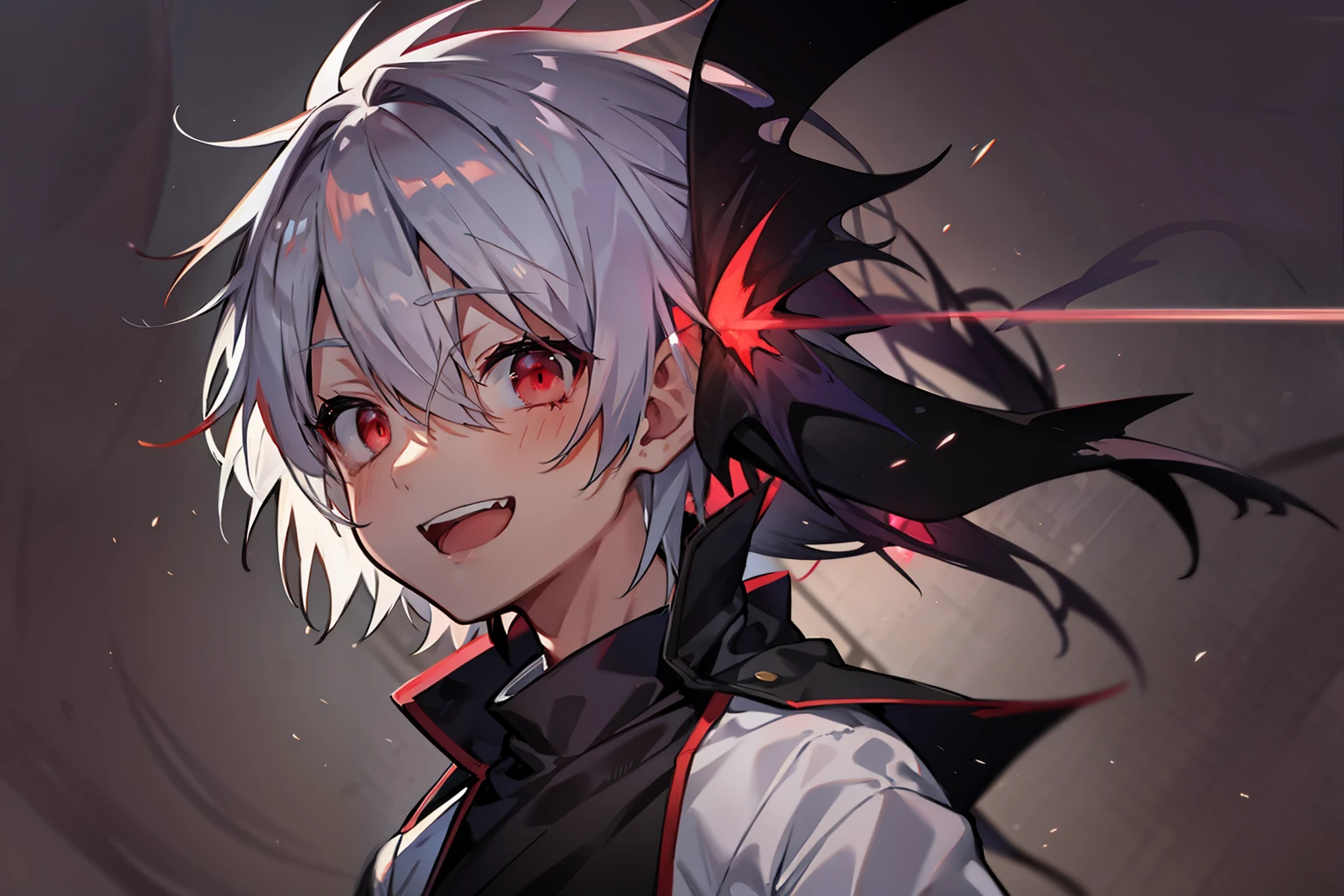 One Person,Anime boy with white hair and red eyes looks at camera, Glowing red eyes,slim, dressed in a black outfit,Shadow Body,monochromes,hair messy,Crazy smile,open mouth、（Shade on the face）
