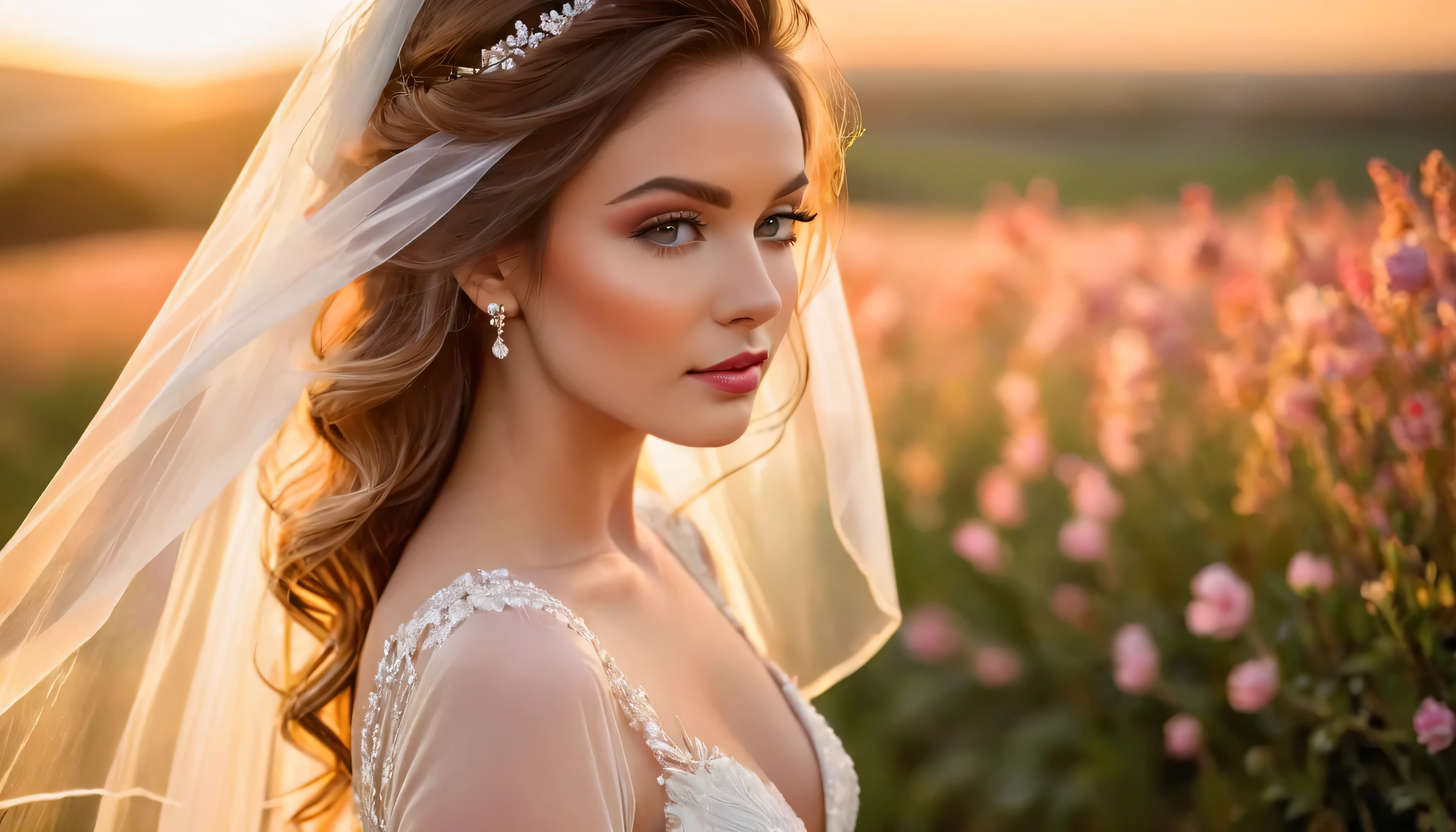 lindos olhos detalhados,beautiful detailed lips,romantic atmosphere,dreamatic lighting,cabelo despenteado pelo vento,estilo de noiva moderno,flowing dress,cores vivas,fotorrealista,soft, ethereal background,bokeh sutil,pose elegante,movimento gracioso,serene expression,sunset glow,Delicate veil,bridal bouquet,shiny jewelry,moderno,comportamento confiante,talento de alta moda,Artistic composition,Fotografia Profissional,paleta de cores quentes,soft pastel tones,feliz e radiante,cherished memories,olhos expressivos. Canon EOS R3, 20 megapixels