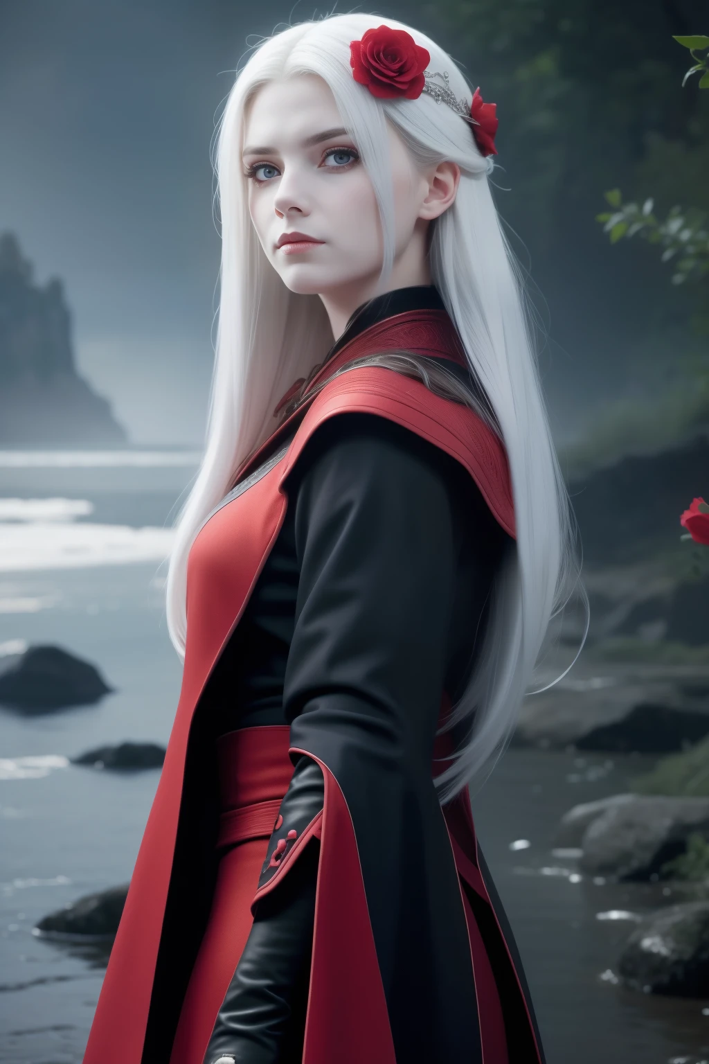 1girl,solo,1girl,solo,((beautiful detailed eyes)), (detailed light),depth of field,(white hair),silver eyes,hair over one eye,(red flower ), hair flower,long hair,black cloak,wet,emotionless,looking back,night,starfall,raining,fog,red flowers falling,sketch,upper body,intense shadows, hand holding cheek, full body,