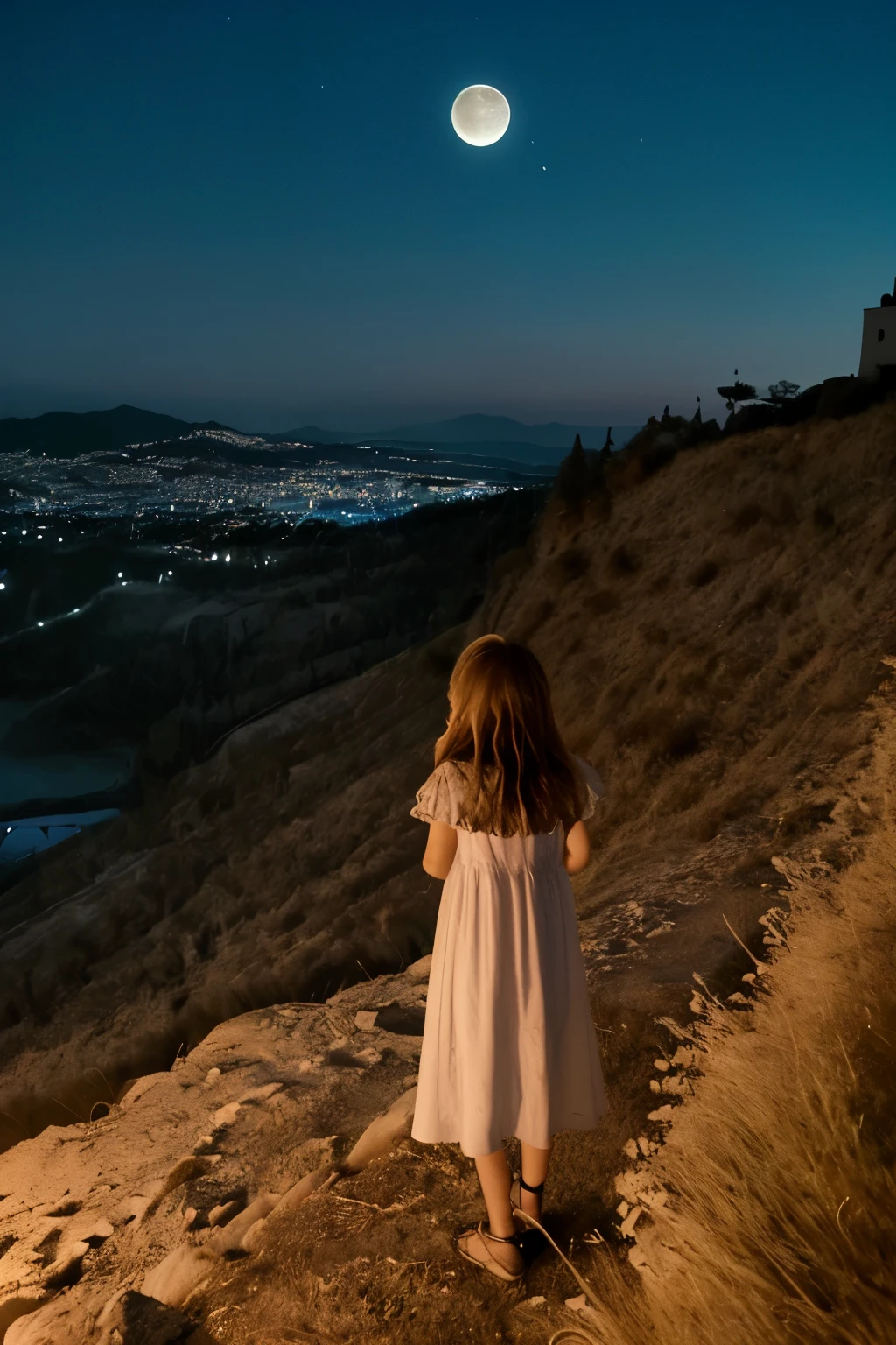 chica triste mirando la luna llena de noche, en un paisaje de noche, realista