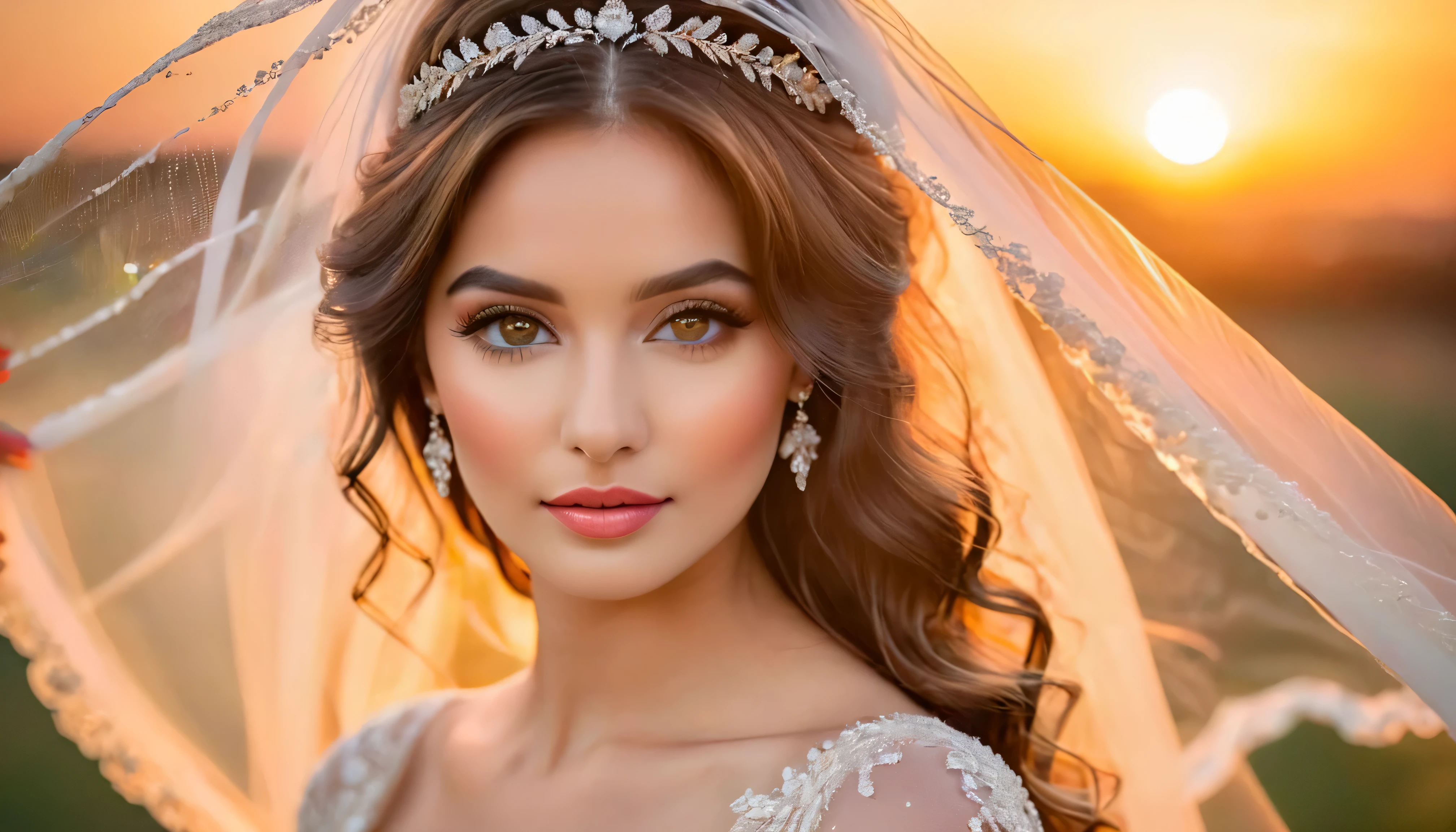 lindos olhos detalhados,beautiful detailed lips,romantic atmosphere,dreamatic lighting,cabelo despenteado pelo vento,estilo de noiva moderno,flowing dress,cores vivas,fotorrealista,soft, ethereal background,bokeh sutil,pose elegante,movimento gracioso,serene expression,sunset glow,Delicate veil,bridal bouquet,shiny jewelry,moderno,comportamento confiante,talento de alta moda,Artistic composition,Fotografia Profissional,paleta de cores quentes,soft pastel tones,feliz e radiante,cherished memories,olhos expressivos. Canon EOS R3, 20 megapixels