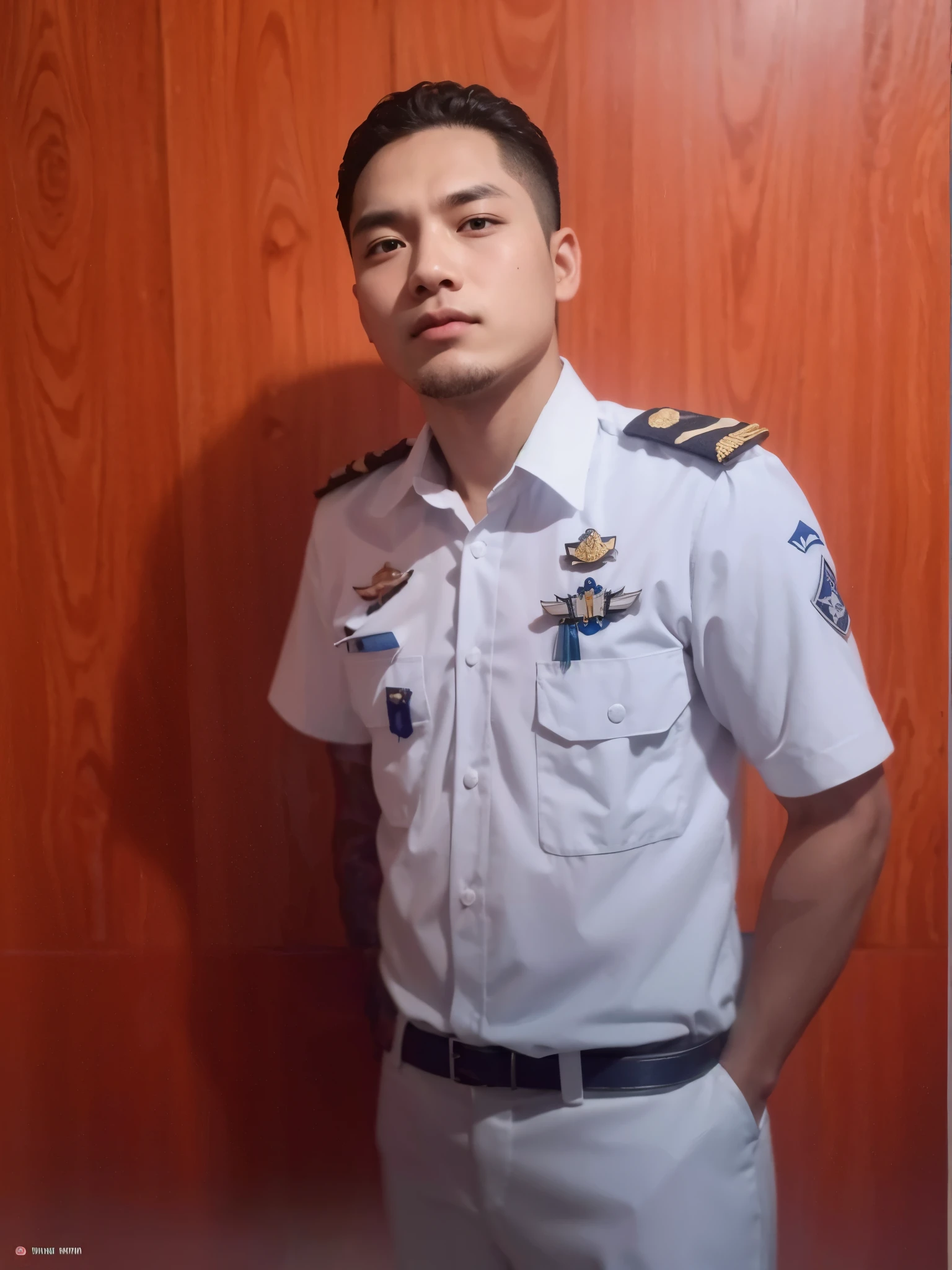 Photo detail, focus, sharp, a male, wearing Indonesian maritime academy uniform, photo restoration, clear the photo. 
